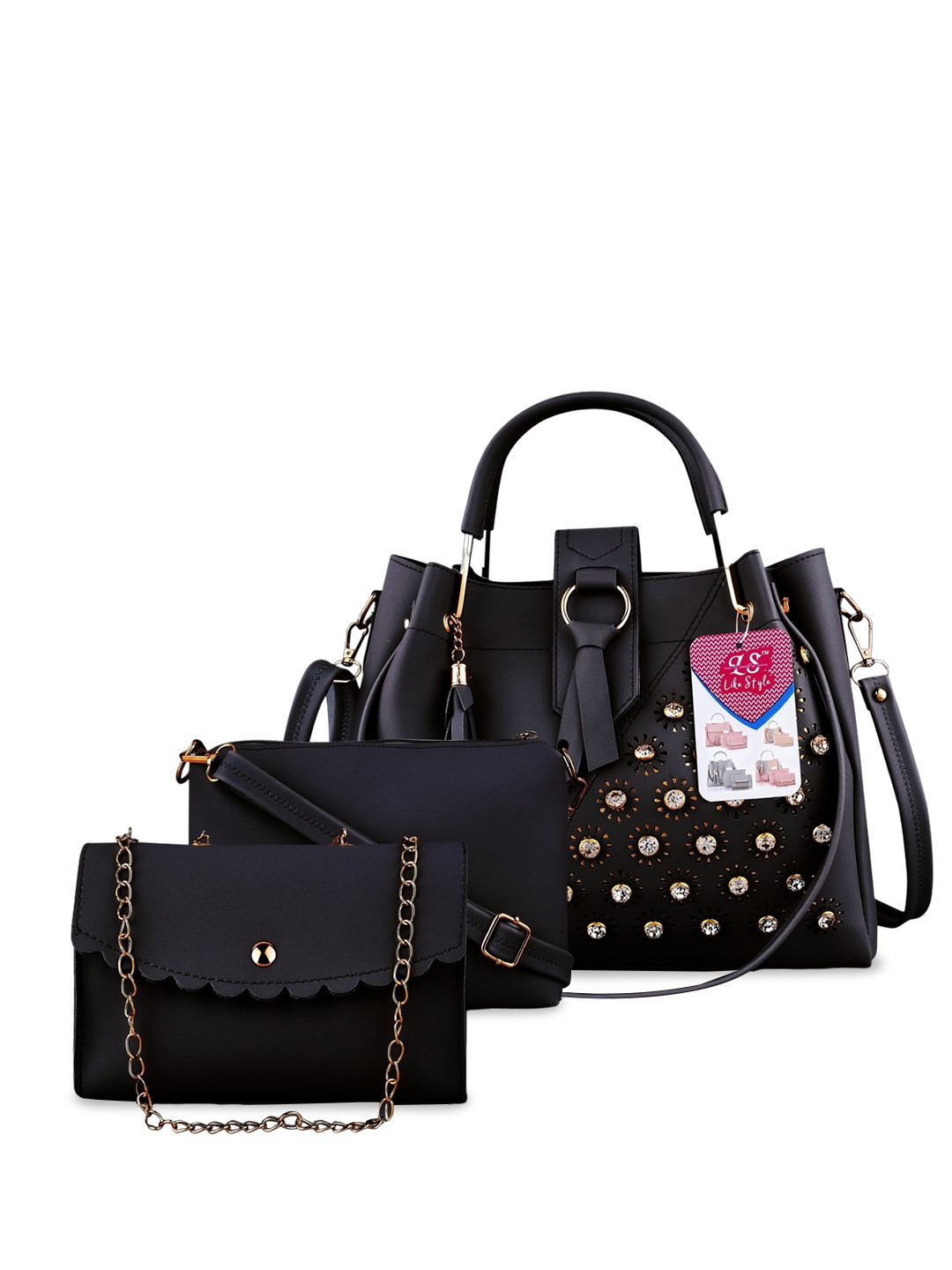 

LIKE STYLE Set Of 3 Embellished PU Structured Shoulder Bag with Embellished, Black