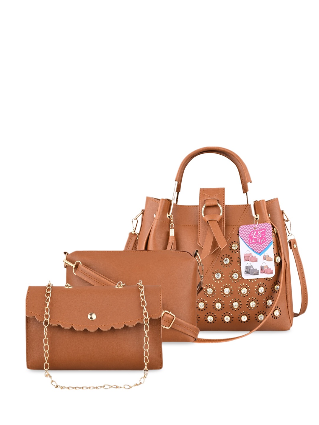 

LIKE STYLE Set Of 3 Embellished PU Structured Shoulder Bag with Embellished, Tan