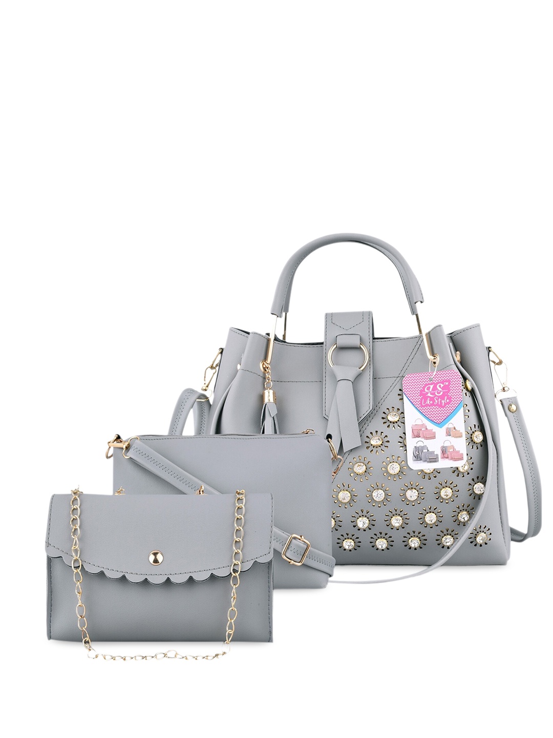 

LIKE STYLE Set Of 3 Embellished PU Structured Shoulder Bag with Embellished, Grey