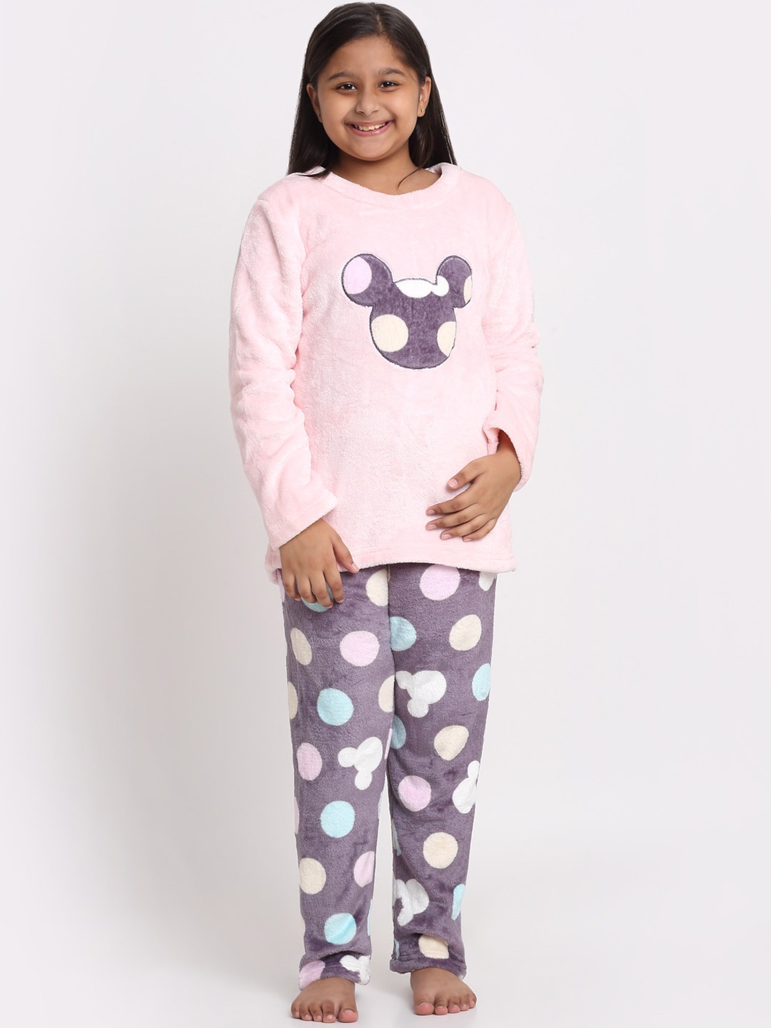 

KLOTTHE Girls Multicolor Cartoon Characters Woolen Night Suit, Pink