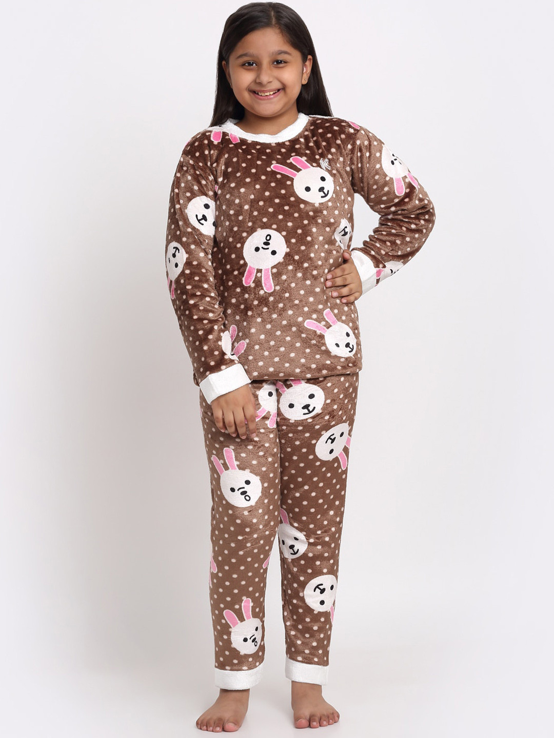 

KLOTTHE Girls Multicolor Cartoon Characters Woolen Night Suit, Brown