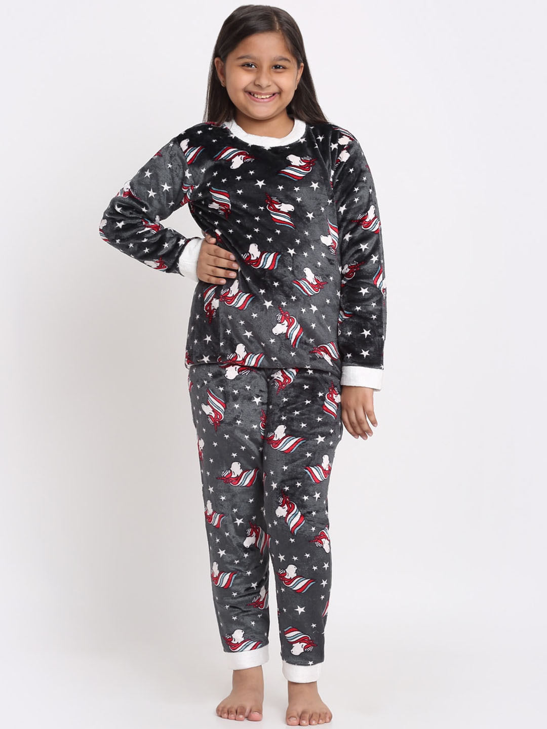 

KLOTTHE Girls Multicolor Cartoon Characters Woolen Night Suit, Black