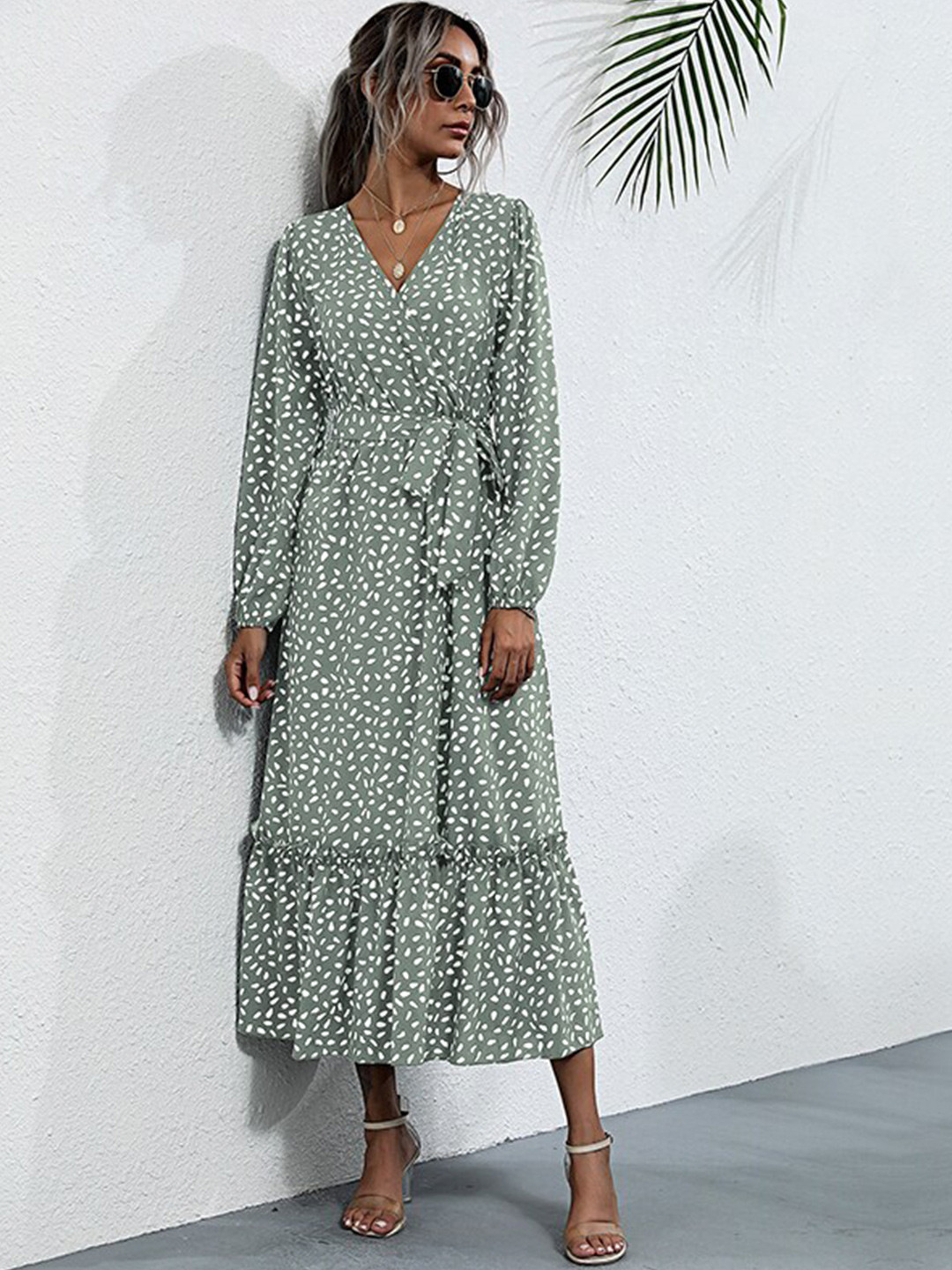 

StyleCast Green Printed Tiered Wrap Midi Dress