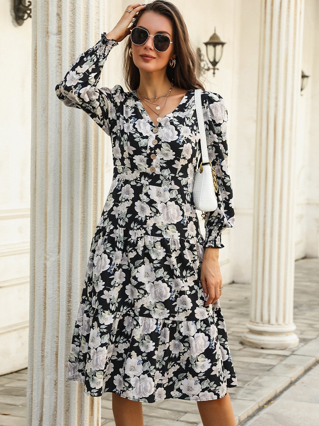 

StyleCast Black Floral Printed V-Neck Puff Sleeves Gathered Tiered A-Line Dress