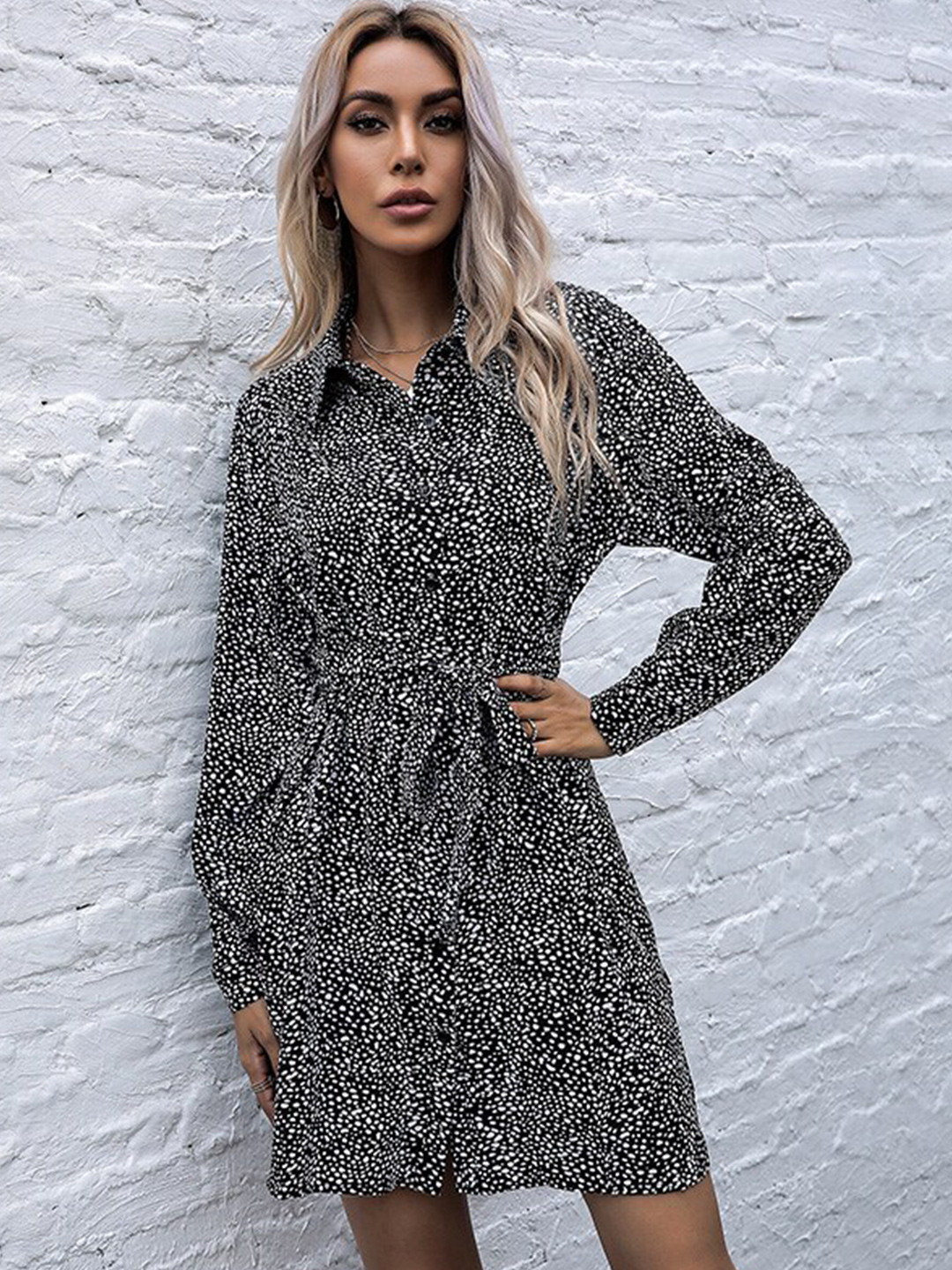 

StyleCast Black & White Animal Skin Printed Cuffed Sleeves Shirt Style Dress