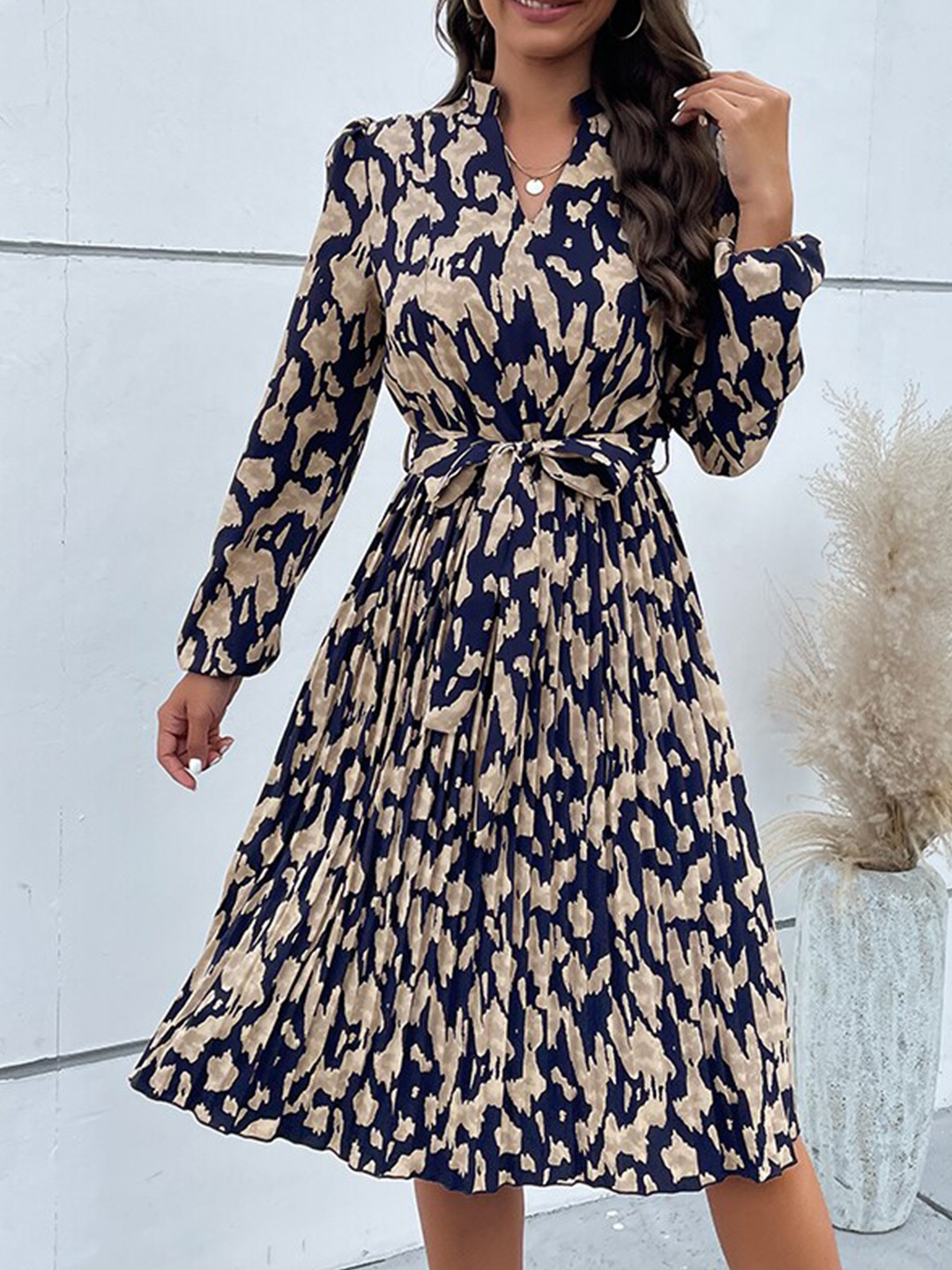 

StyleCast Navy Blue Printed Mandarin Collar Fit & Flare Dress