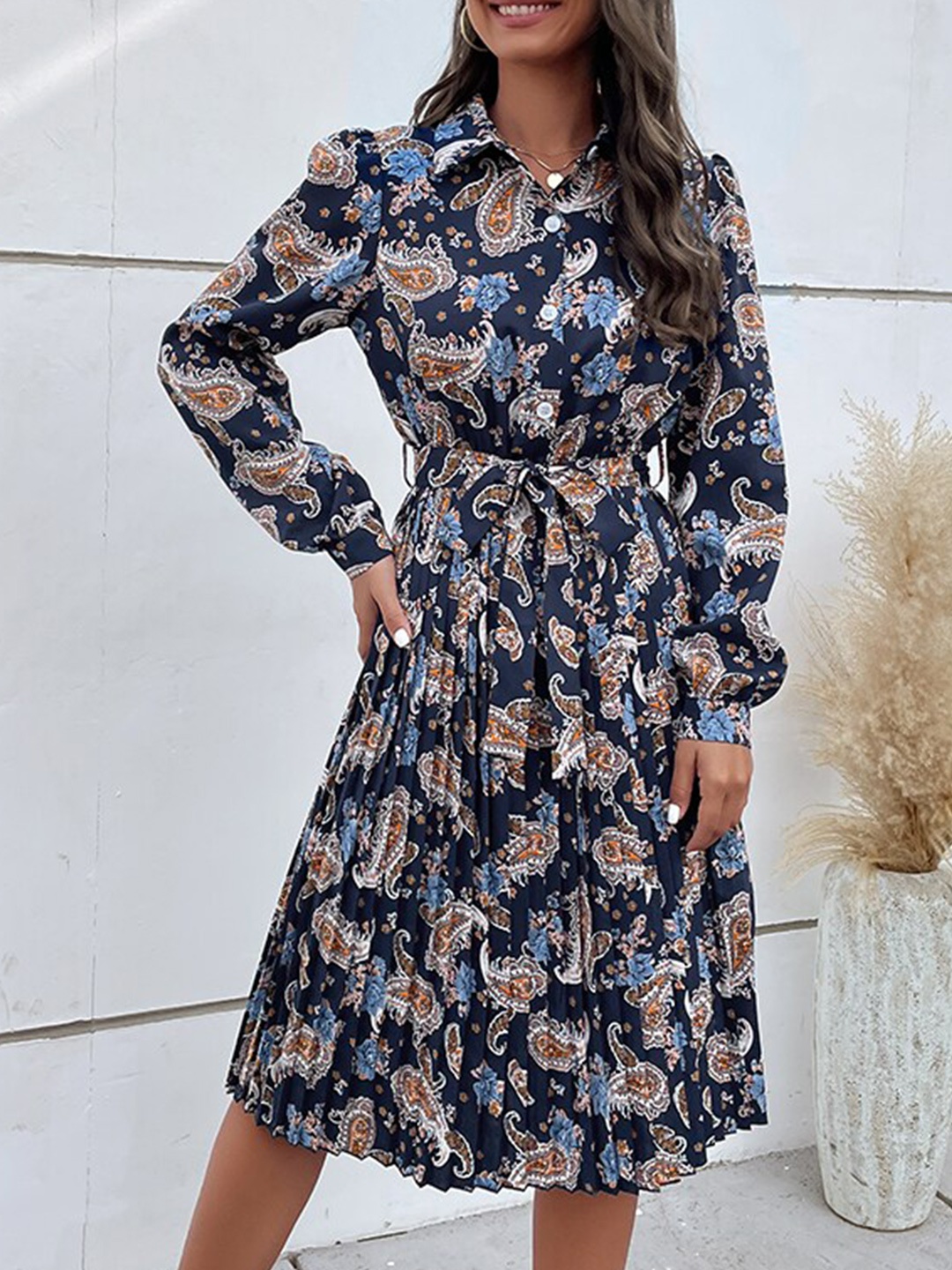 

StyleCast Navy Blue Ethnic Motifs Printed Accordion Pleats Fit & Flare Dress
