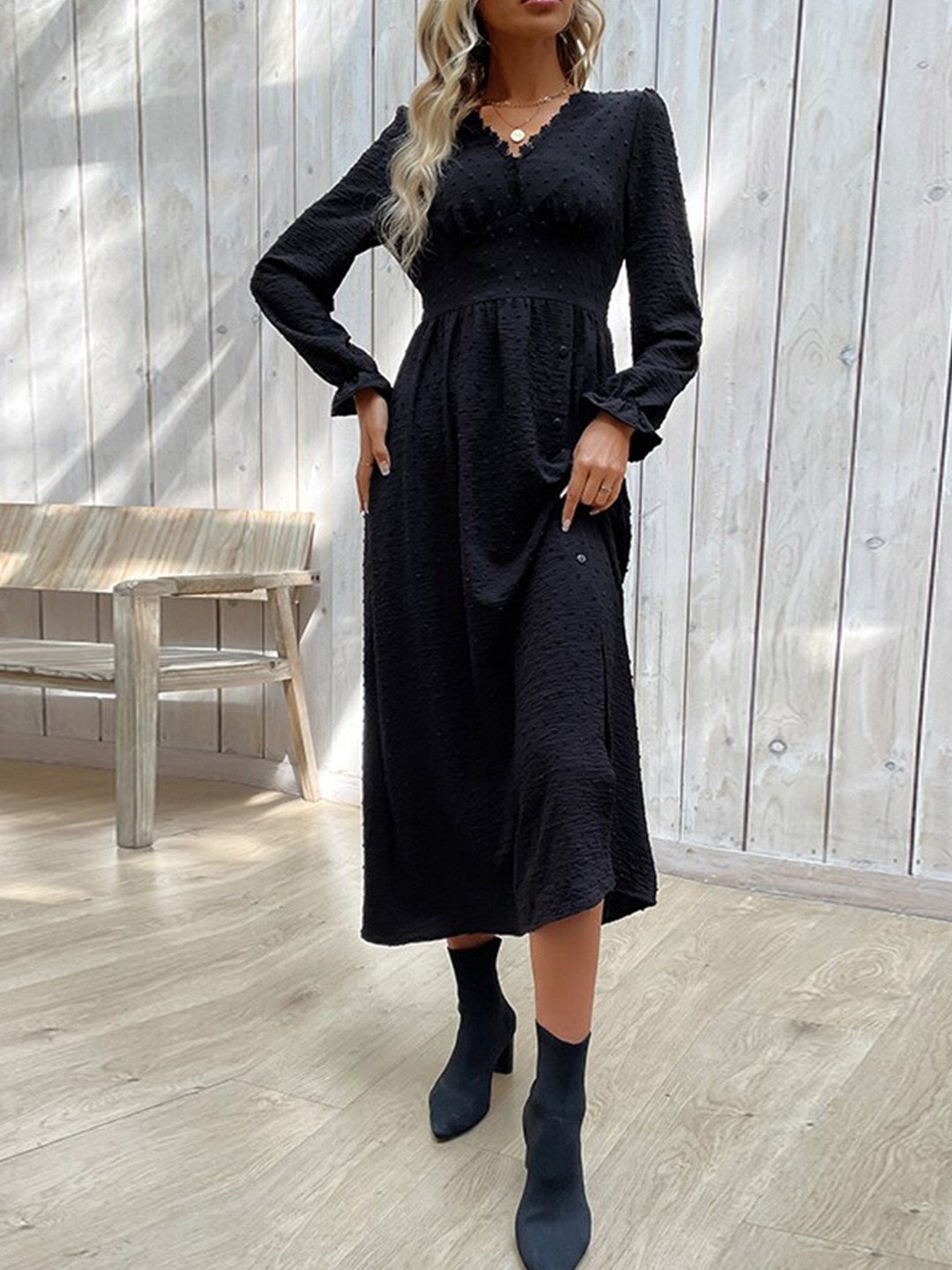 

StyleCast Black Self Design A-Line Dress
