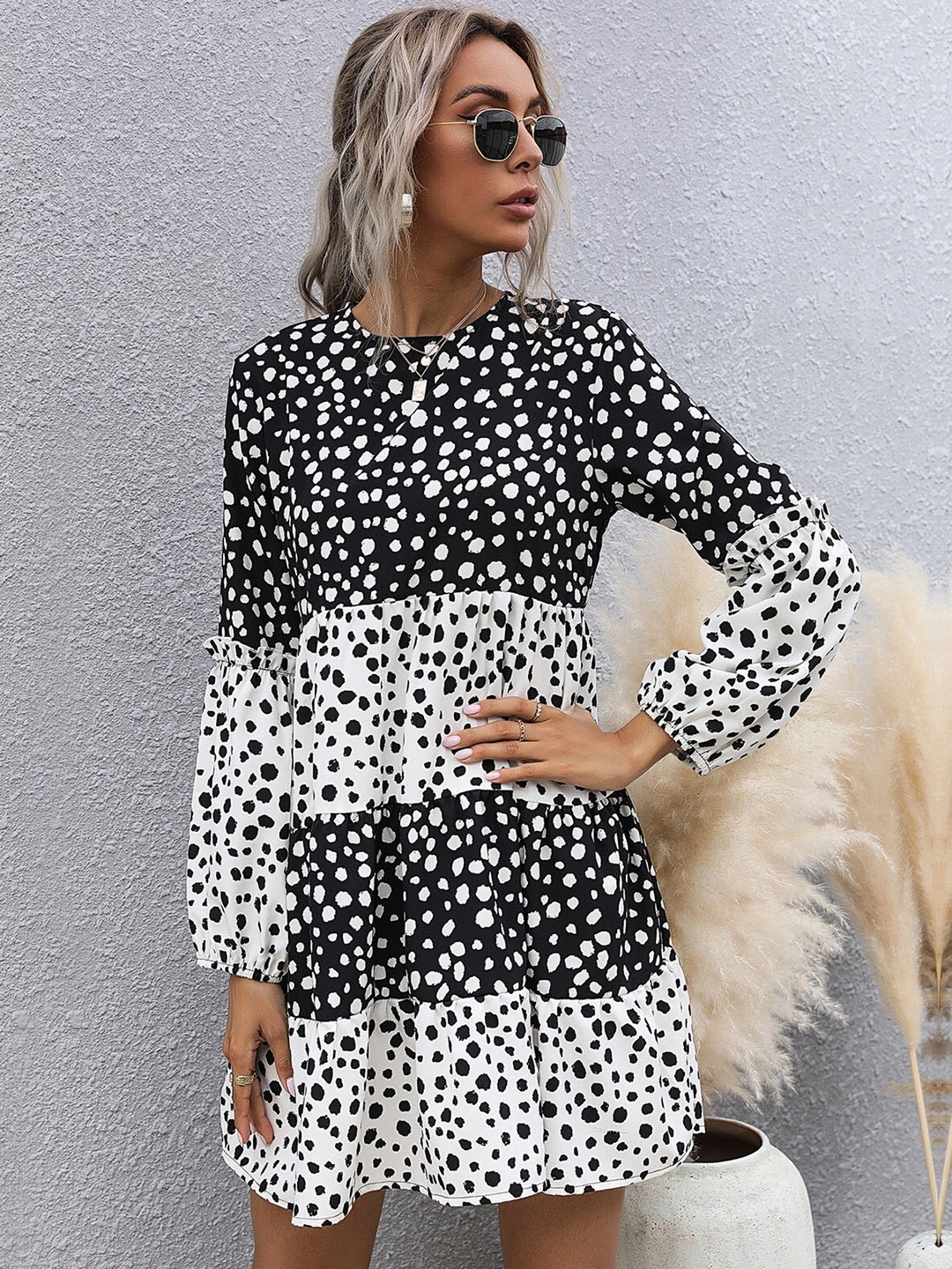 

StyleCast Black Animal Printed Puff Sleeves Gathered Tiered A-Line Dress