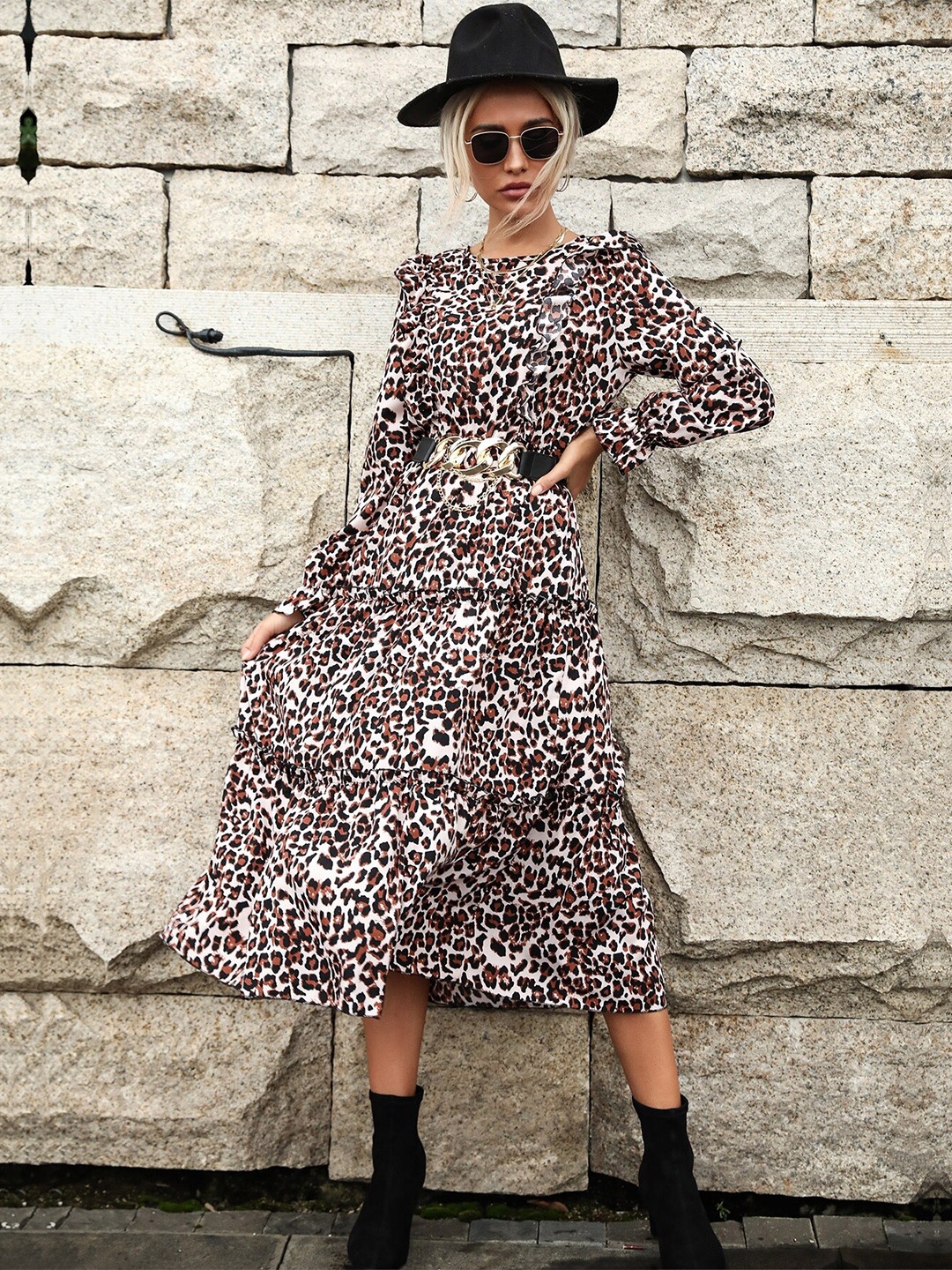 

StyleCast Beige Animal Printed Puff Sleeves Gathered Tiered A-Line Dress