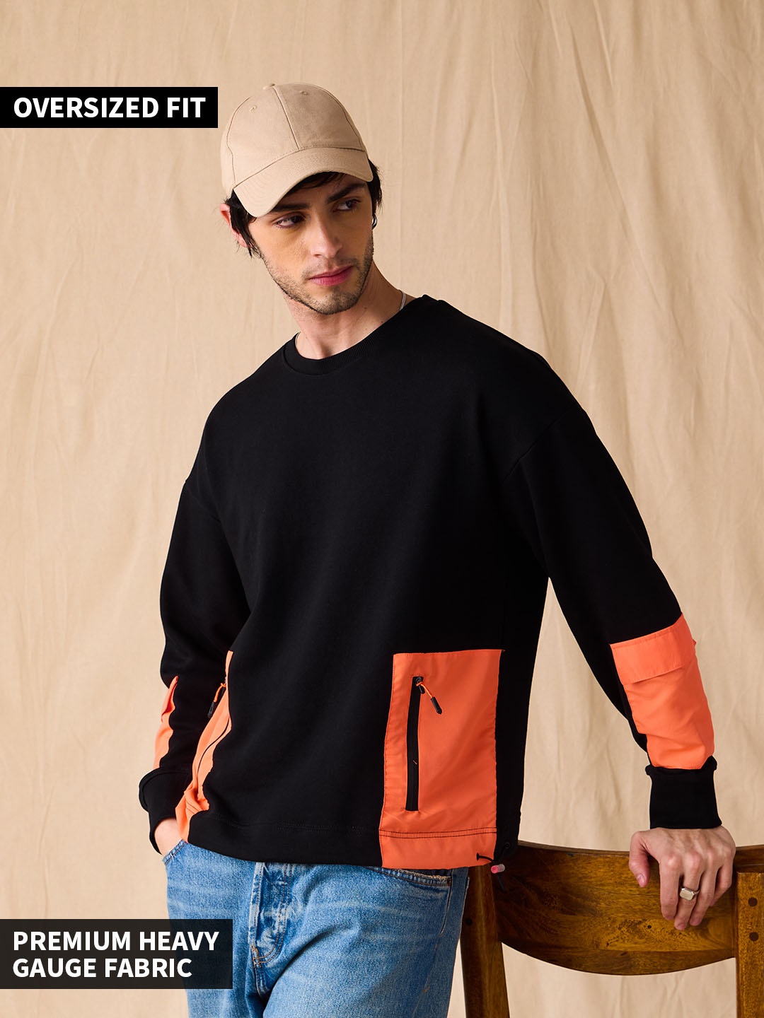 

The Souled Store Black & Orange Colourblocked Pullover Sweatshirt
