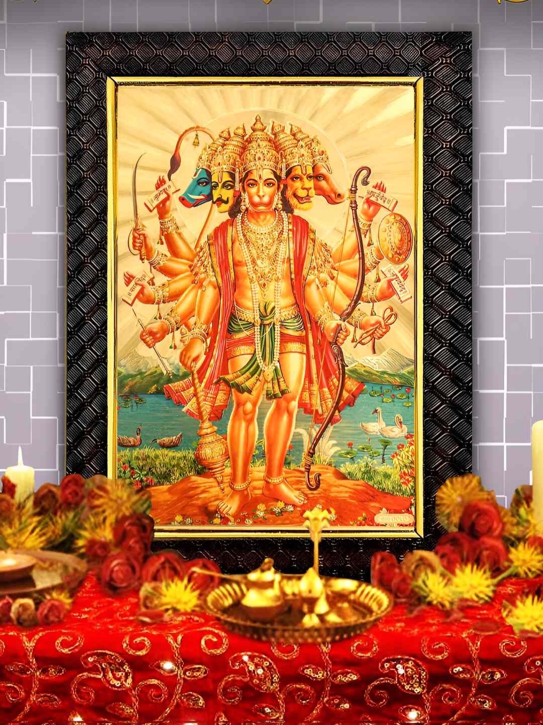 Hawai Gold Toned & Red Panchamukhi 24k Gold Plated Foil Embossed Wooden Wall Photo Frame