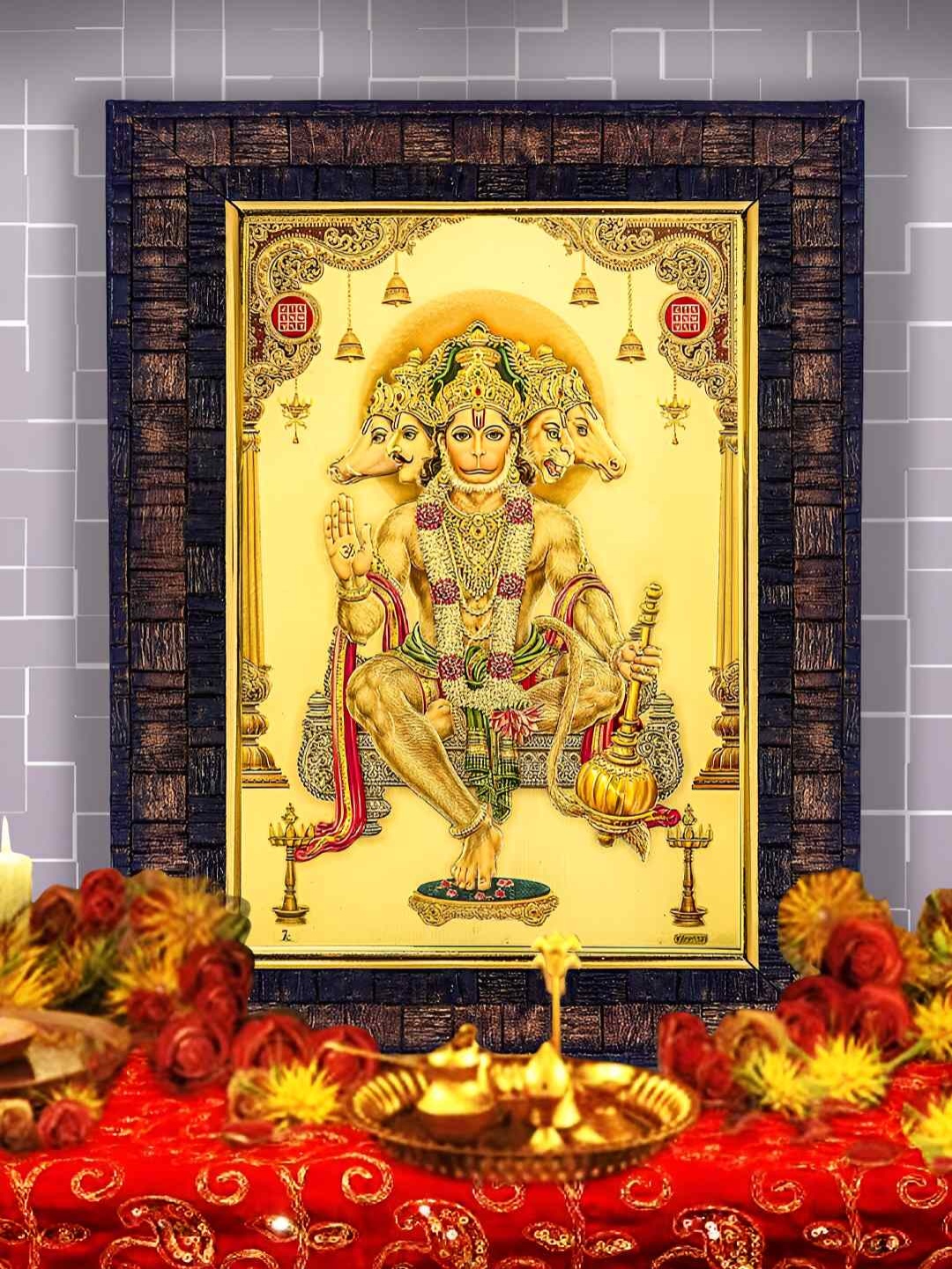 

Hawai Gold-Toned & Brown Panchamukhi Hanuman Ji Wood Wall Photo Frame