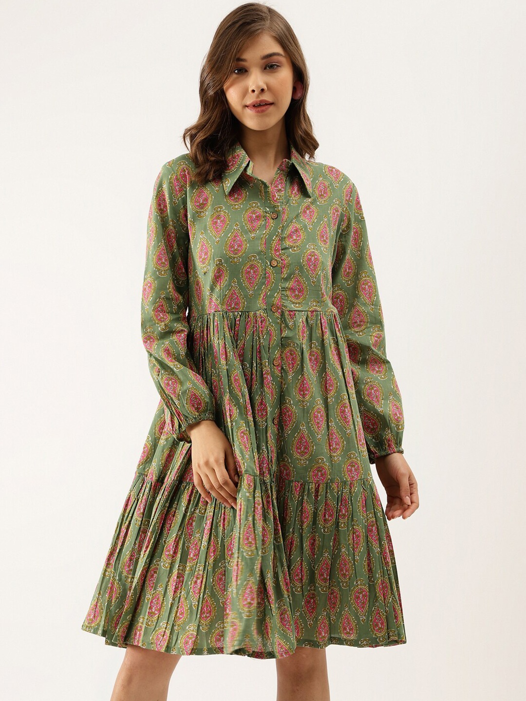 

KALINI Ethnic Motifs Printed Shirt Collar Cotton Fit & Flare Ethnic Dress, Green
