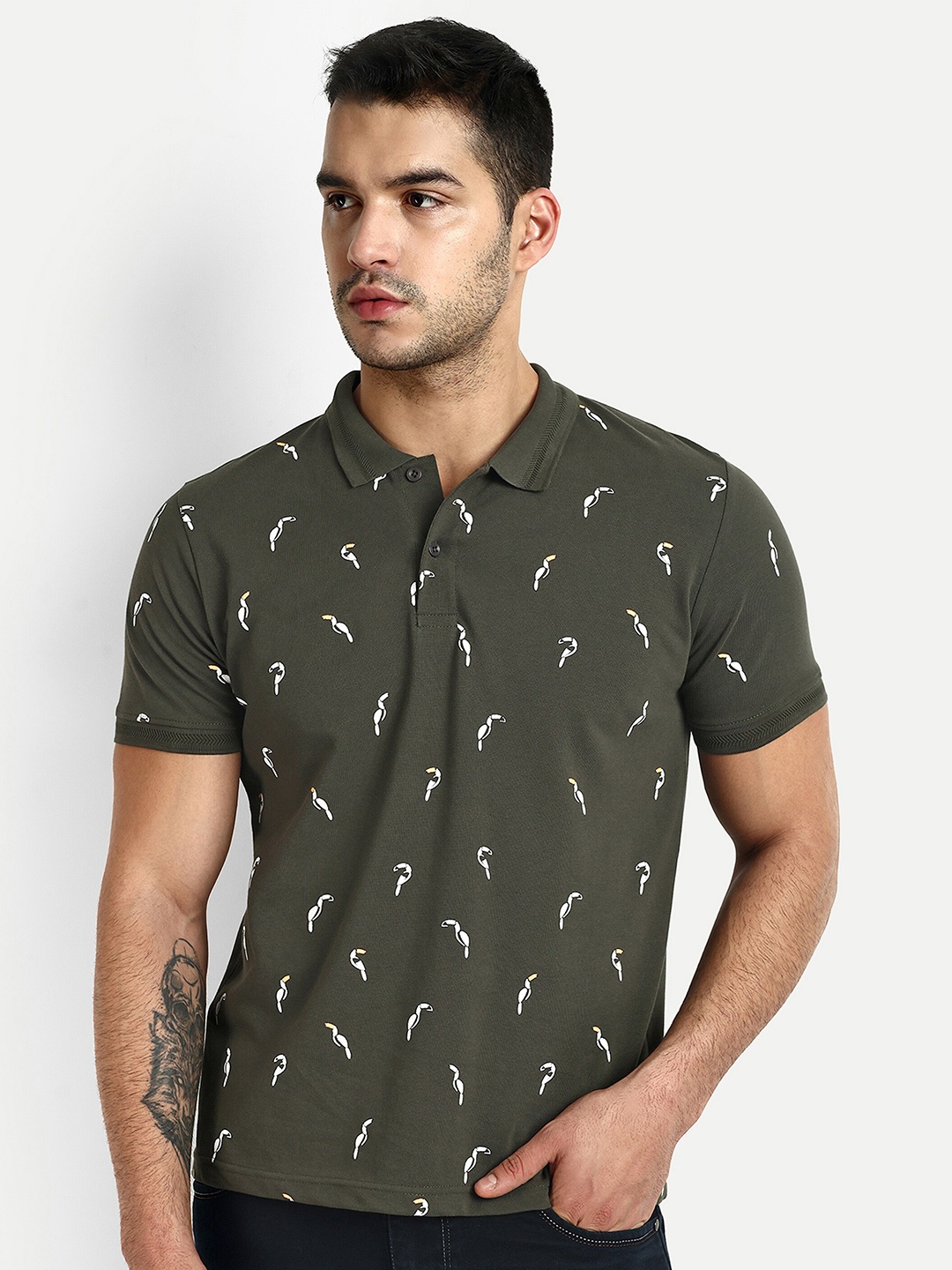 

REPRISE Conversational Printed Polo Collar T-Shirt, Olive