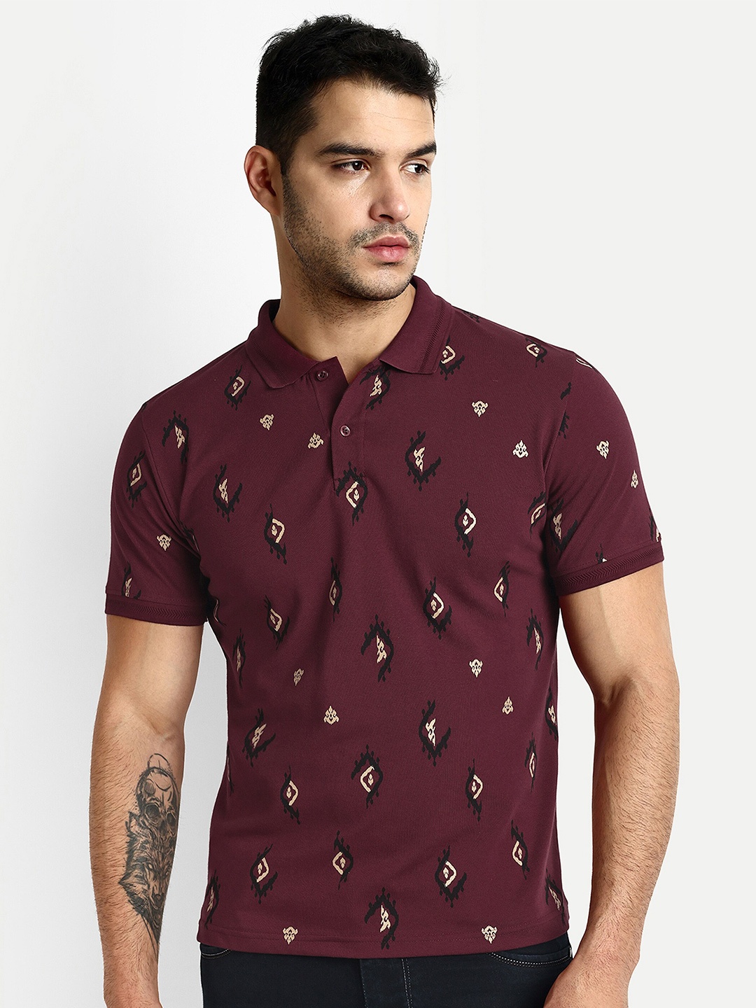 

REPRISE Abstract Printed Cotton Polo Collar T-Shirt, Maroon
