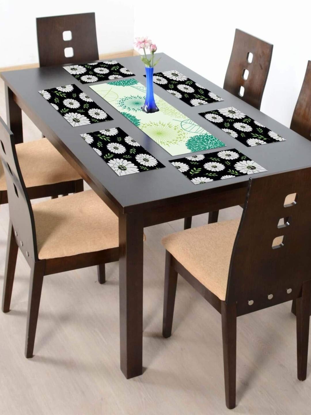 

THEYAYACAFE Black & White Floral Cotton Table Placemats & Table Runner, Multi