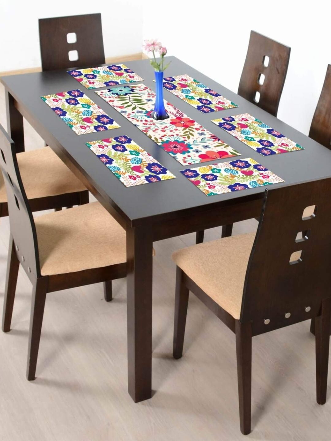 

THEYAYACAFE White & Blue 7 Pieces Floral Cotton Table Placemats With Runners