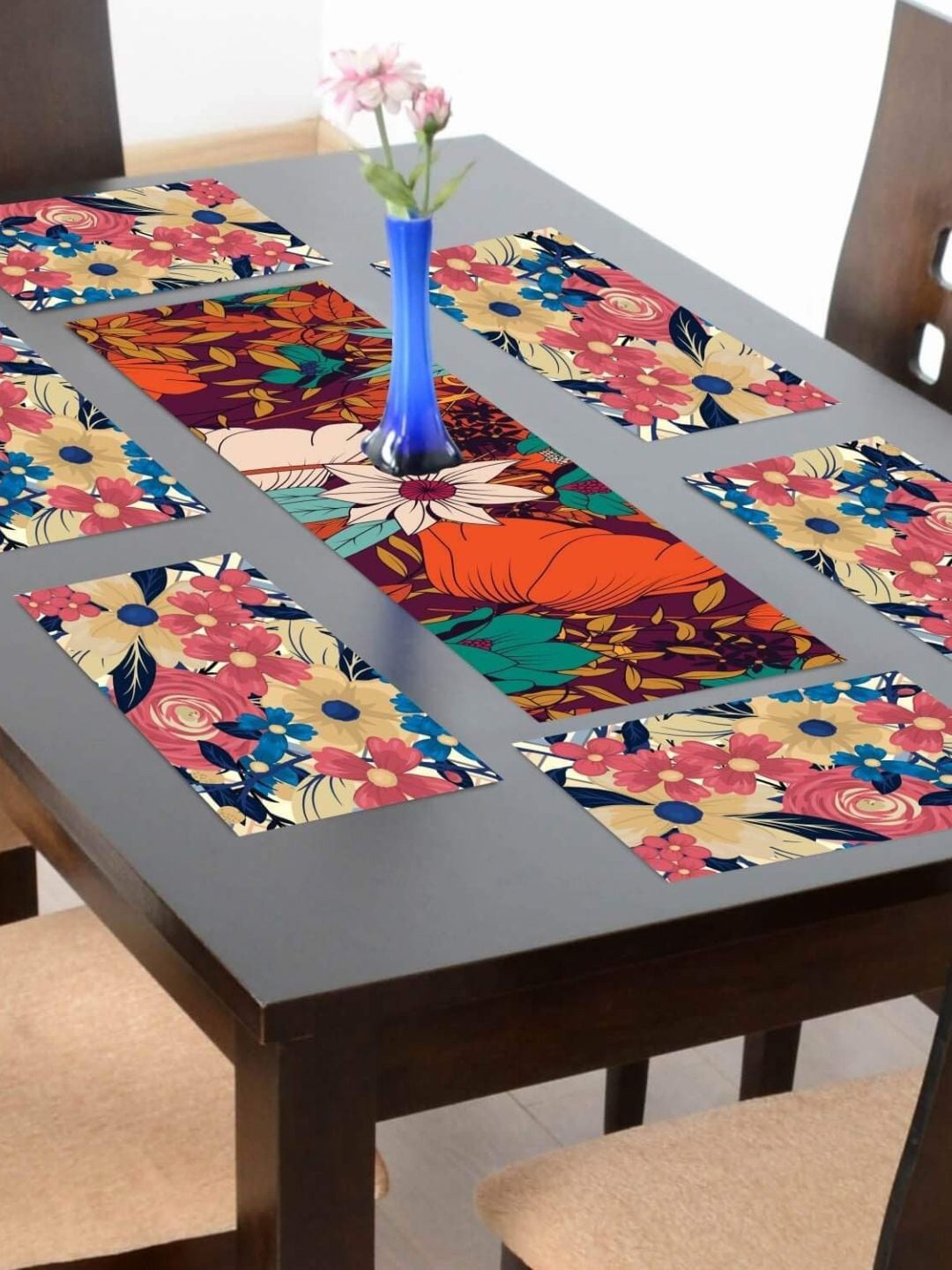 

THEYAYACAFE Red & Beige 7 Pieces Floral Tablemats & Table Runner