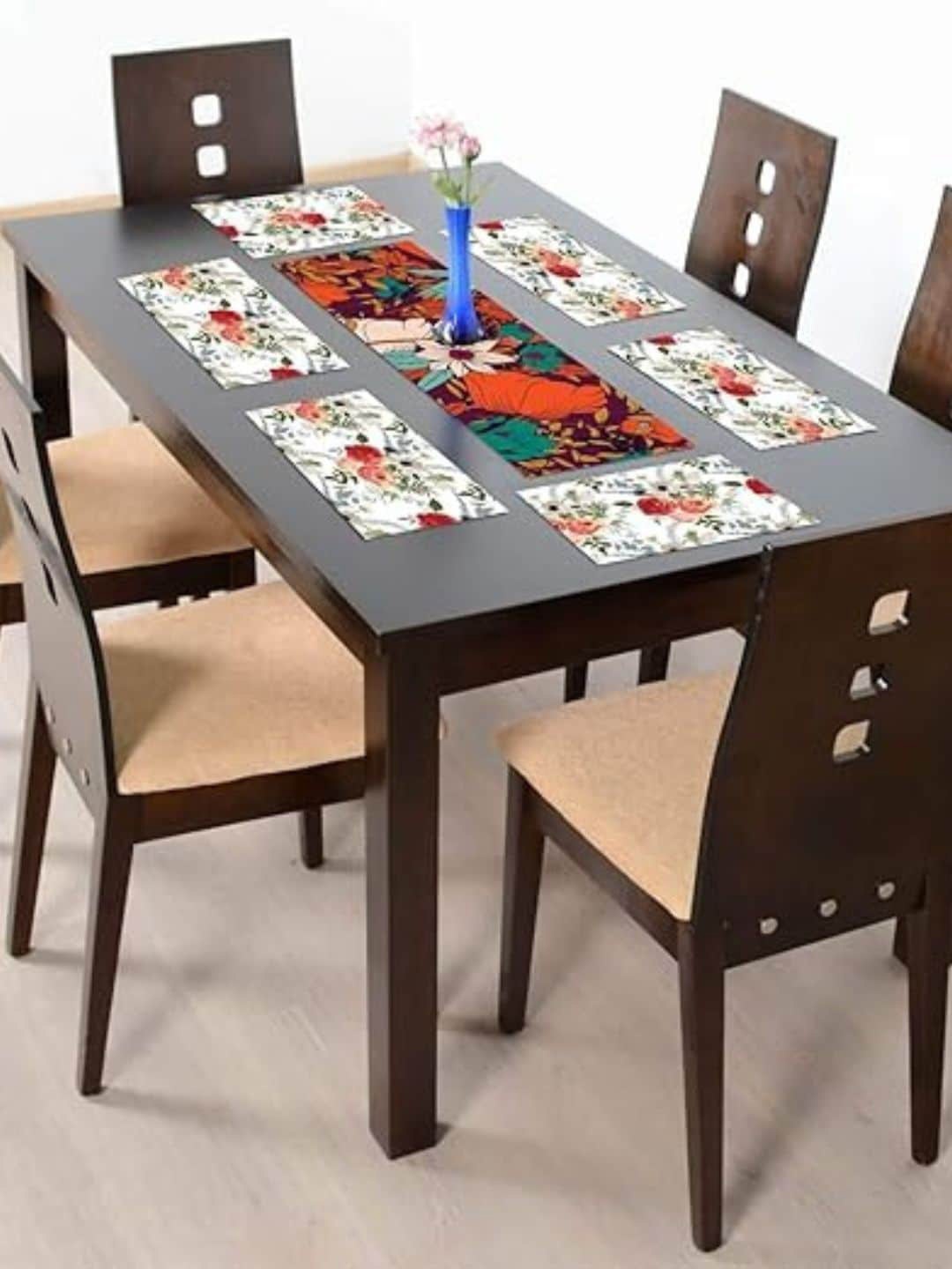 

THEYAYACAFE White & Red 7 Pieces Floral Tablemats & Table Runner