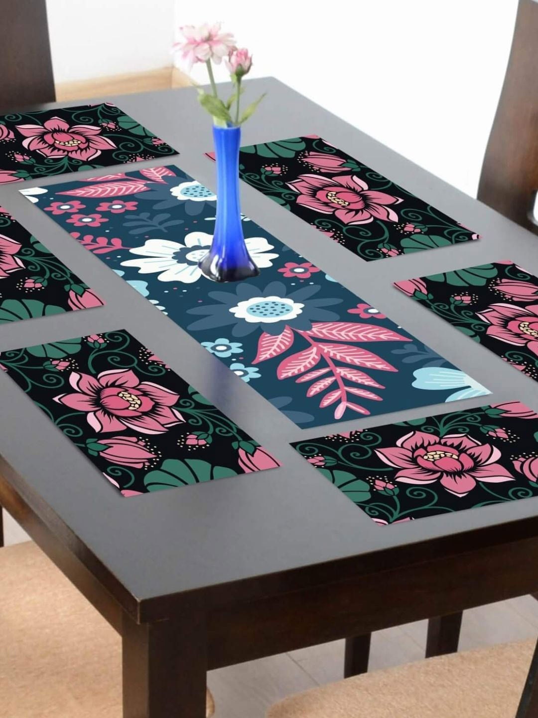 

THEYAYACAFE Navy Blue & Black 7 Pieces Floral Cotton Table Placemats With Runners