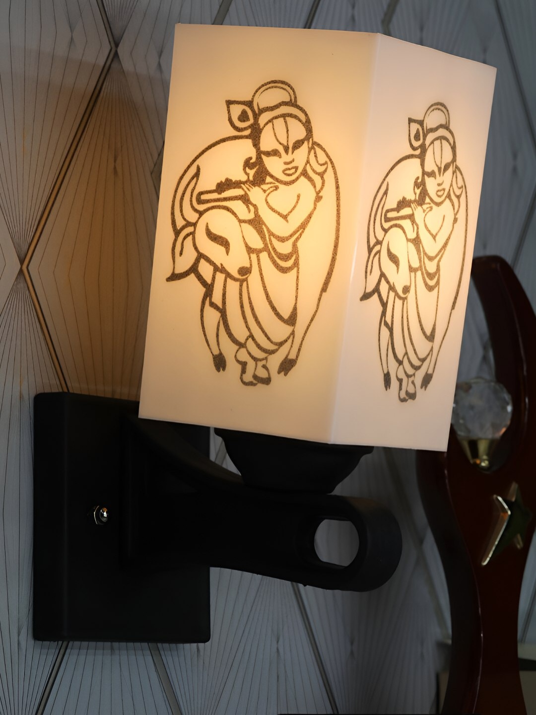 

Gojeeva White Krishna Printed Acrylic Traditional Rectangle Wall Lamp