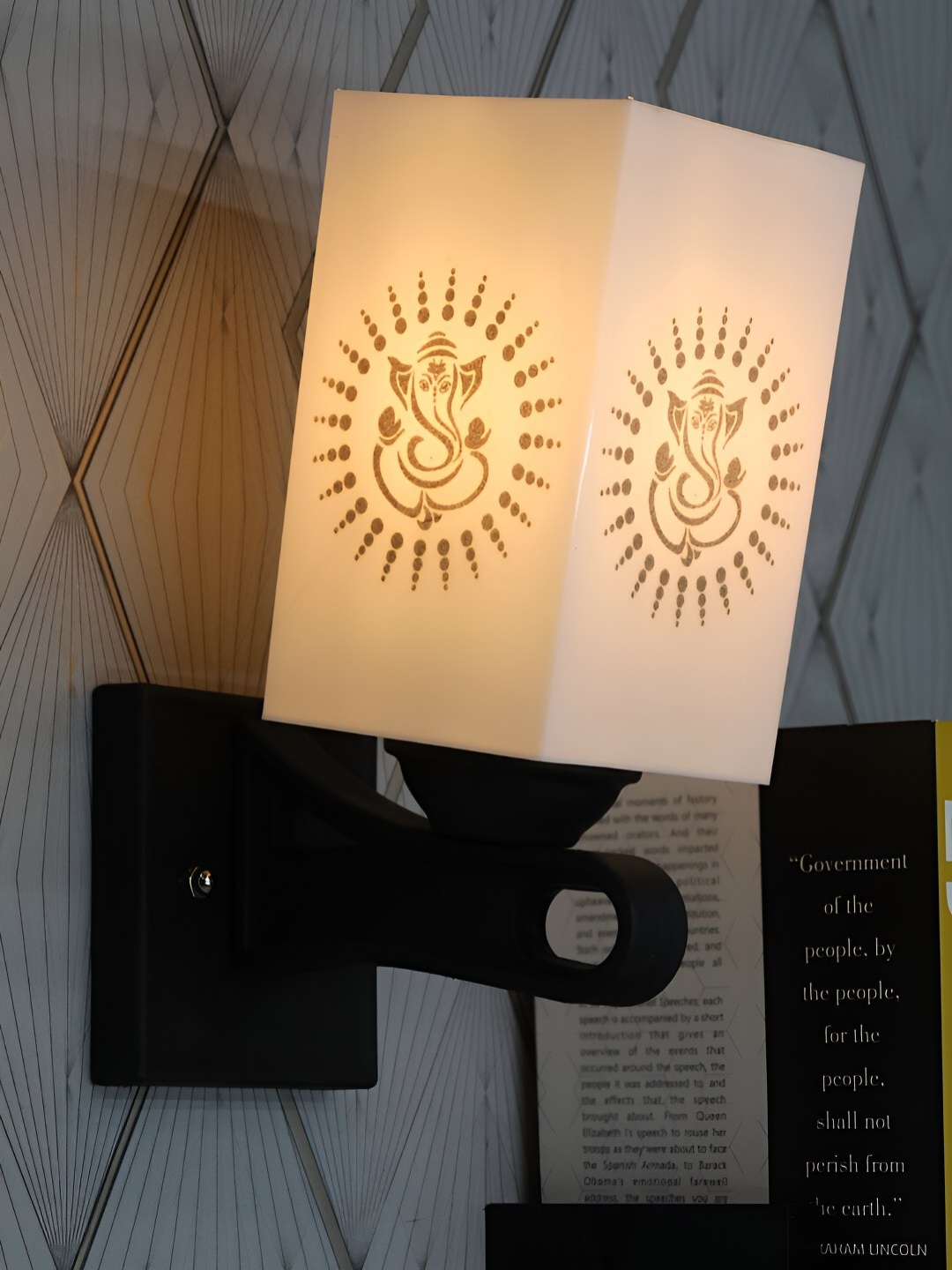 

Gojeeva White & Black Printed Acrylic Traditional Rectangle Shaped Wall Lamp