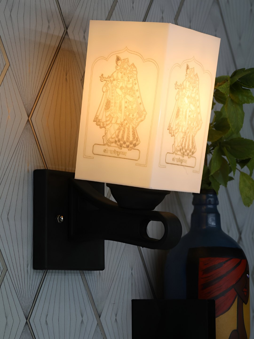 

Gojeeva White & Black Printed Acrylic Traditional Rectangle Shaped Wall Lamp