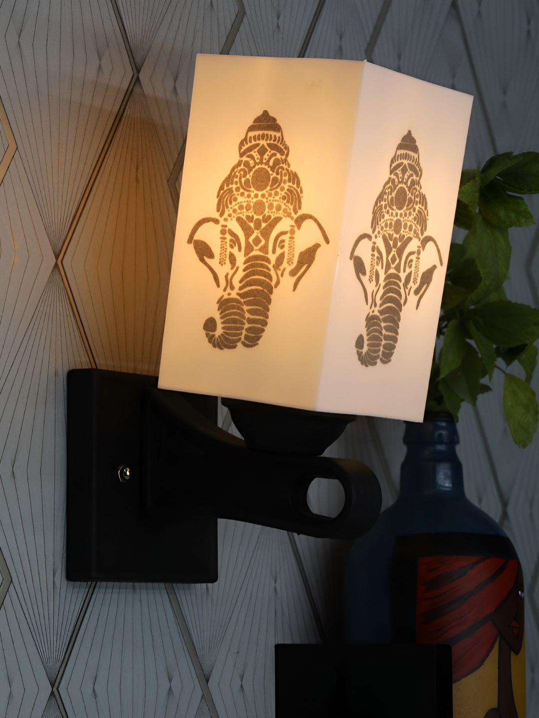 

Gojeeva White & Black Printed Acrylic Traditional Rectangle Shaped Wall Lamp