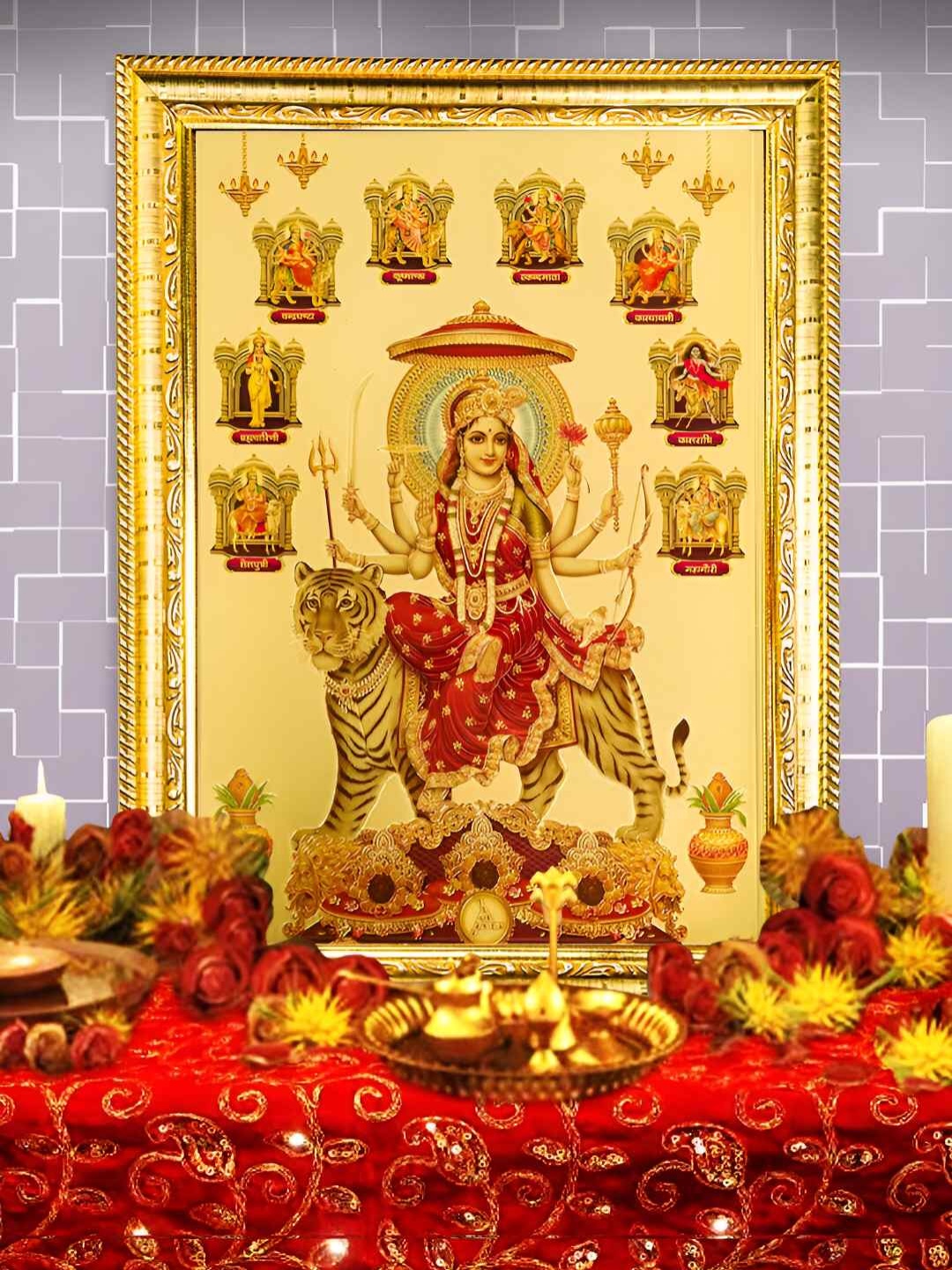 

Hawai Gold-Toned & Red Ma Durga Mata Wood Wall Photo Frame