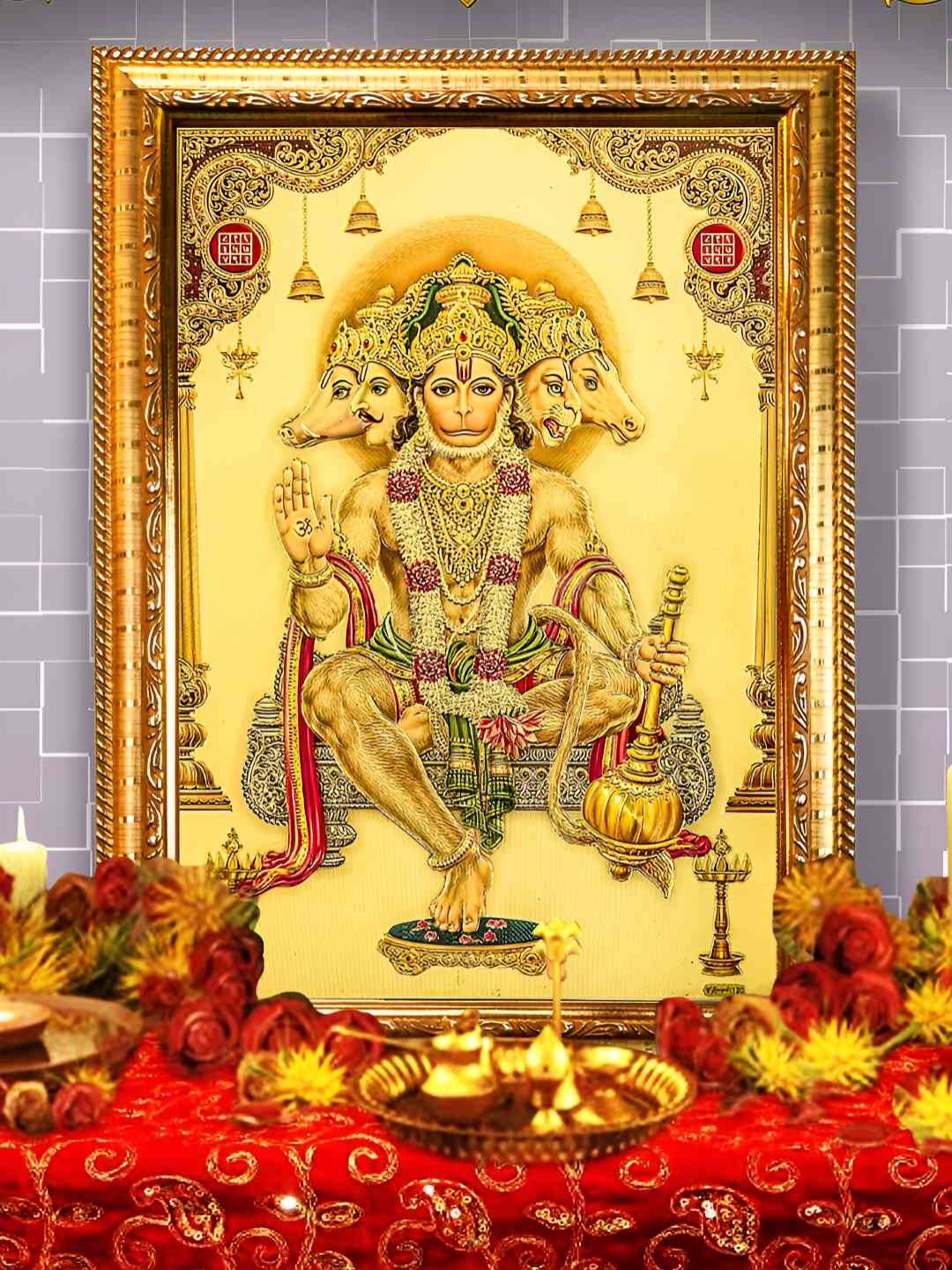 

Hawai Gold-Toned 24k Gold Plated Panchamukhi Hanuman Ji Wooden Wall Photo Frame