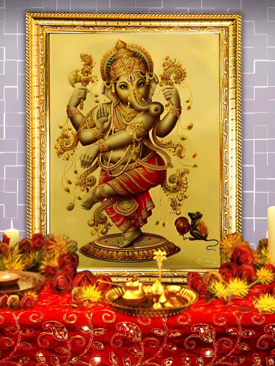 Hawai Gold-Toned 24k Gold Plated Ganesh Ji Wooden Wall Photo Frame