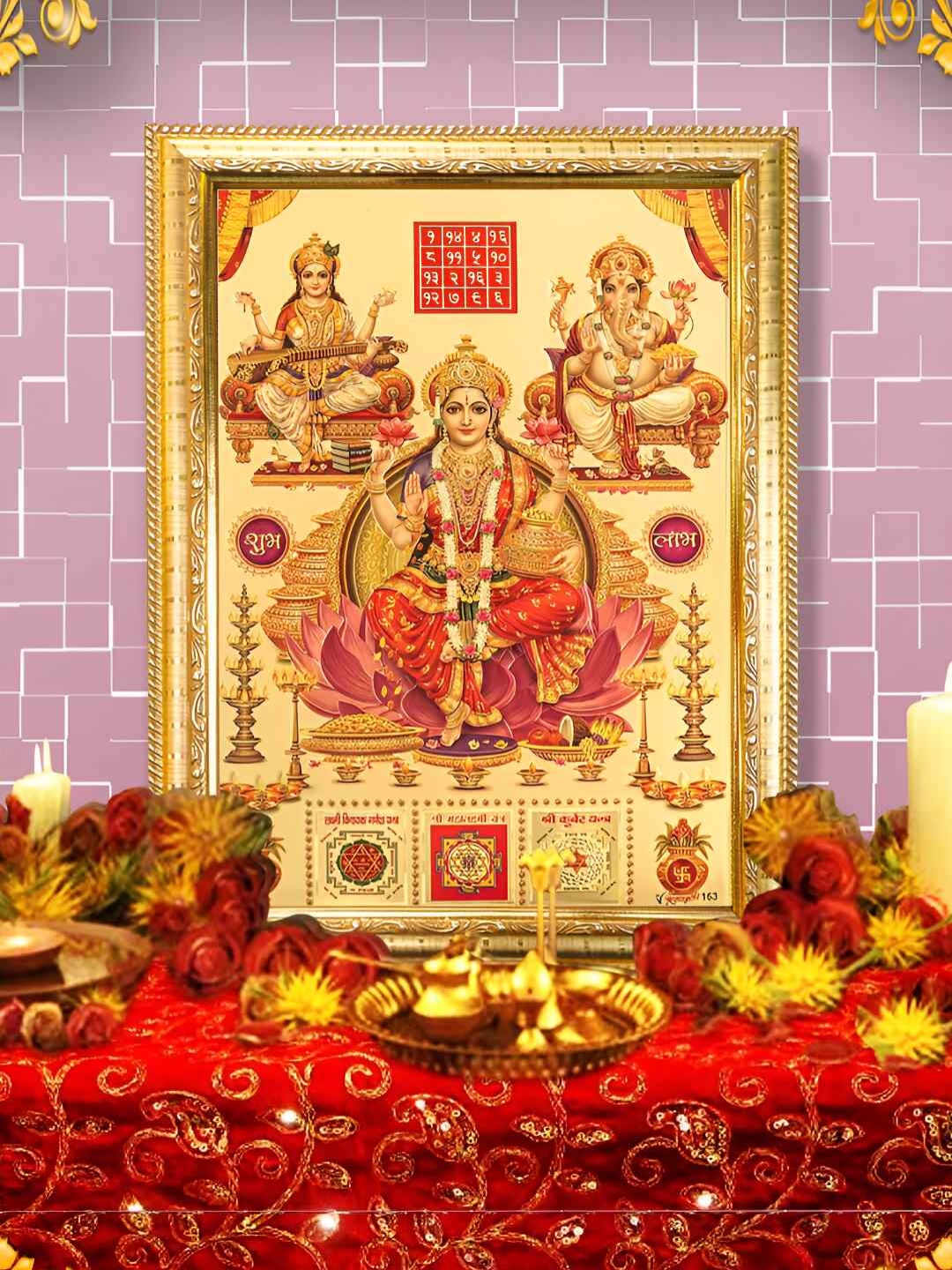 

Hawai Red 24k Gold Plated Laxmi Ganesh Saraswati with Yantra Wooden Wall Photo Frame