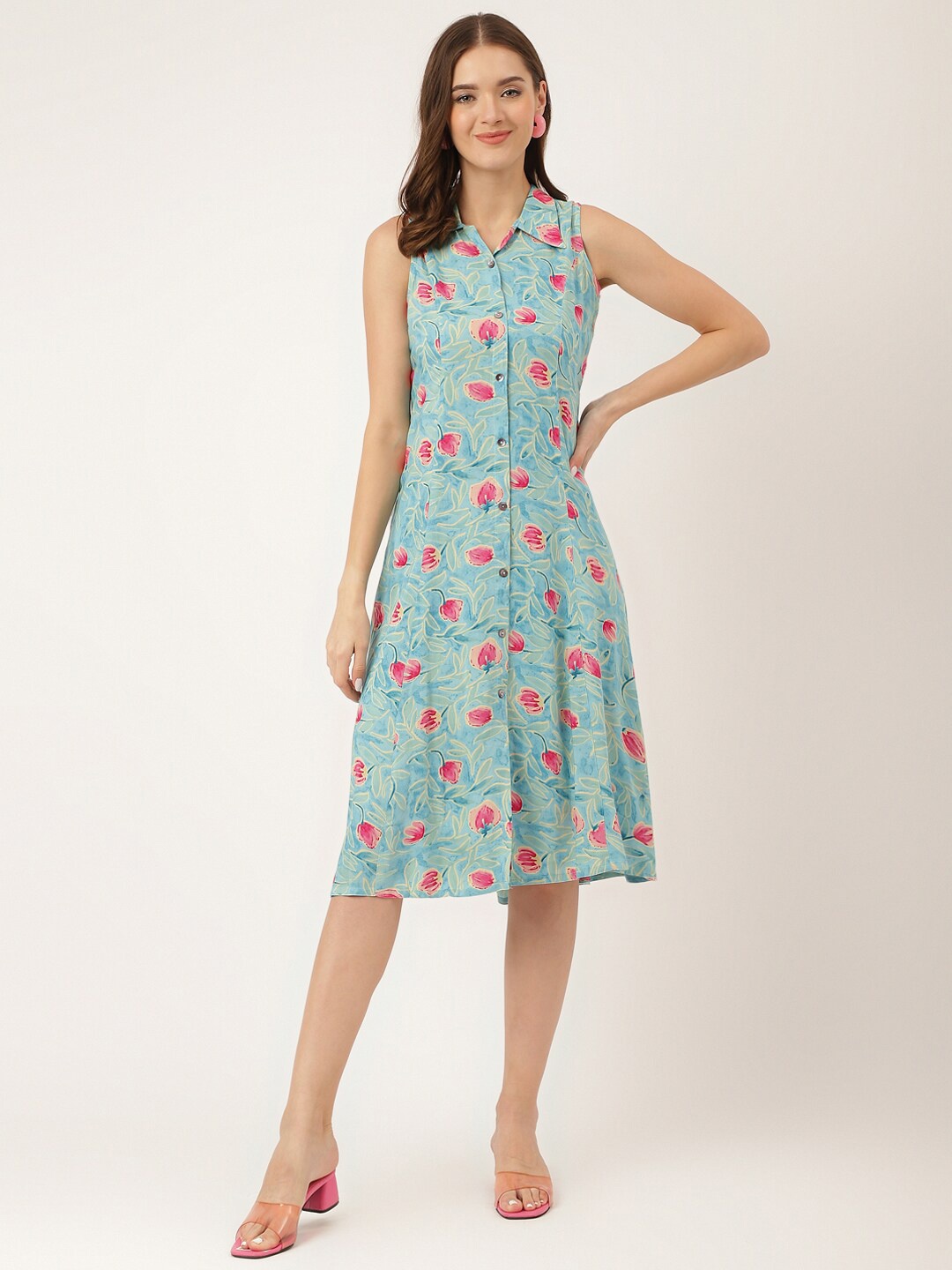 

KALINI Floral Printed Sleeveless Shirt Midi Dress, Blue