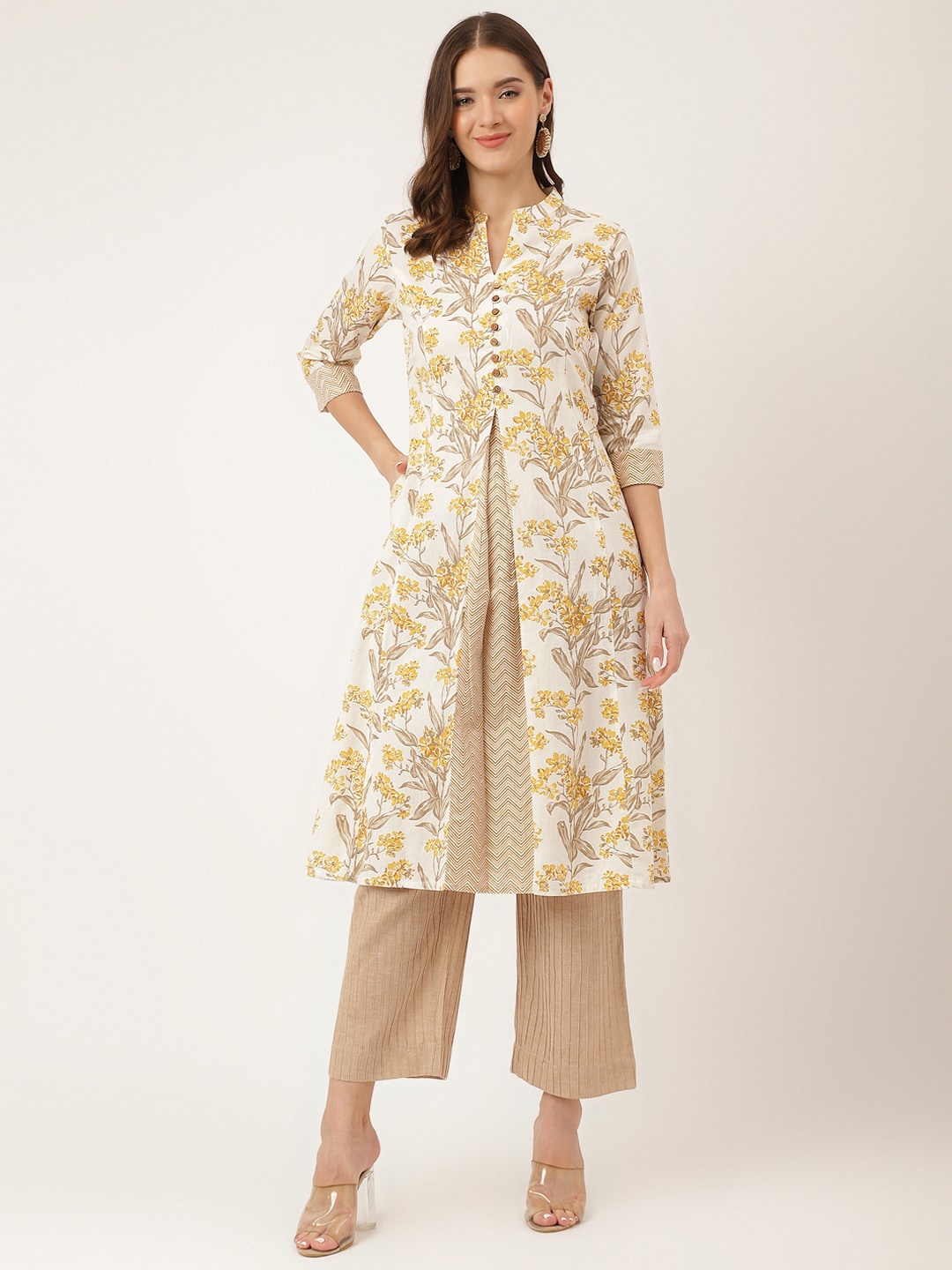KALINI Floral Printed A-Line Kurta, Yellow