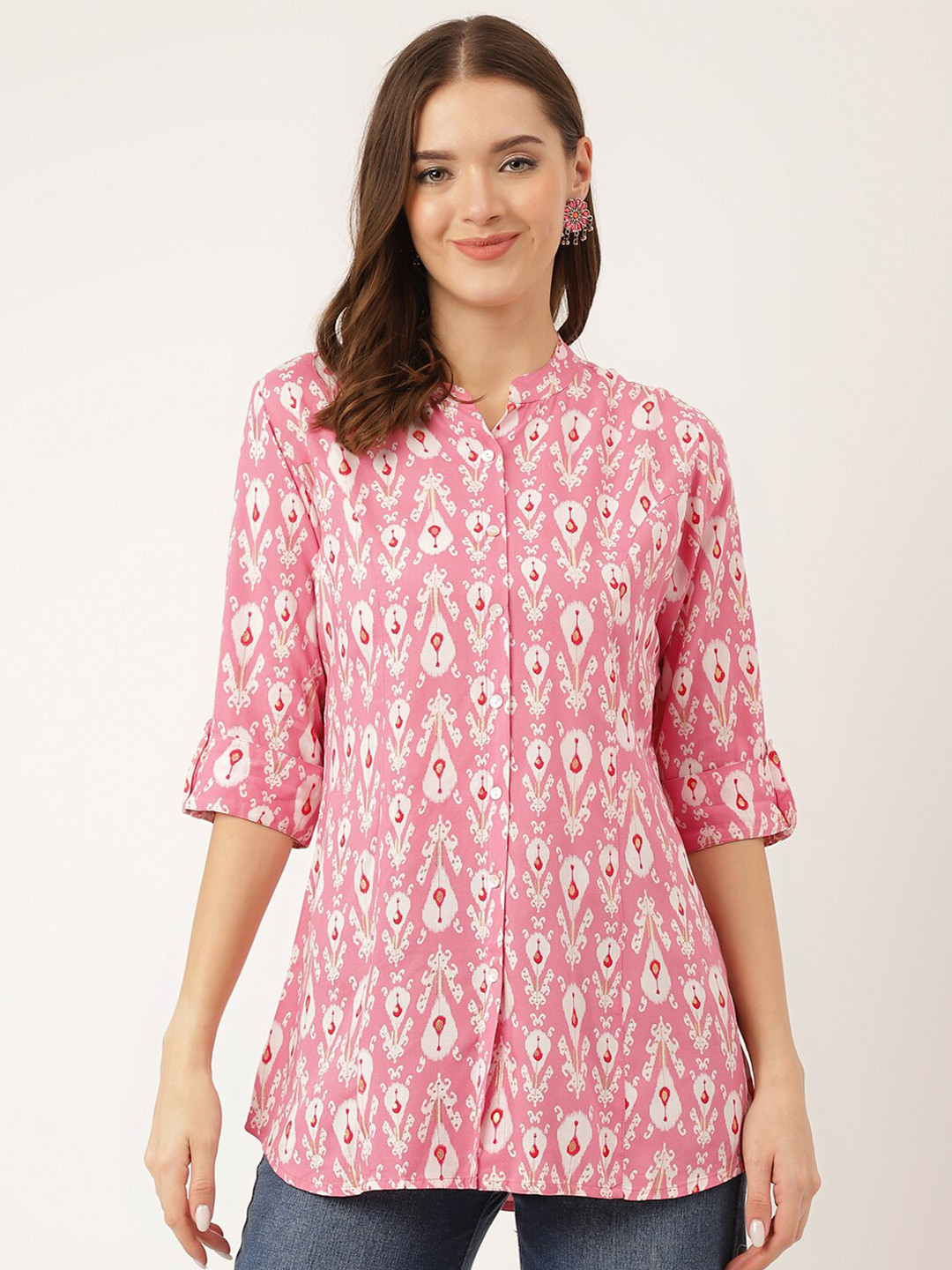 

KALINI Ethnic Motifs Printed Mandarin Collar A-Line Kurti, Pink