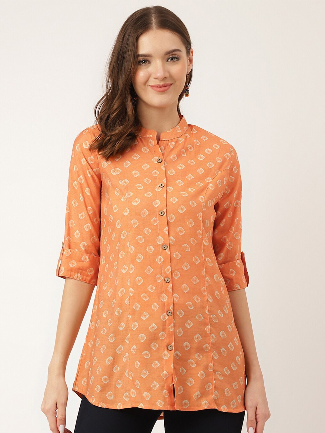 

KALINI Geometric Printed Mandarin Collar Roll-Up Sleeves Shirt Style Top, Mustard