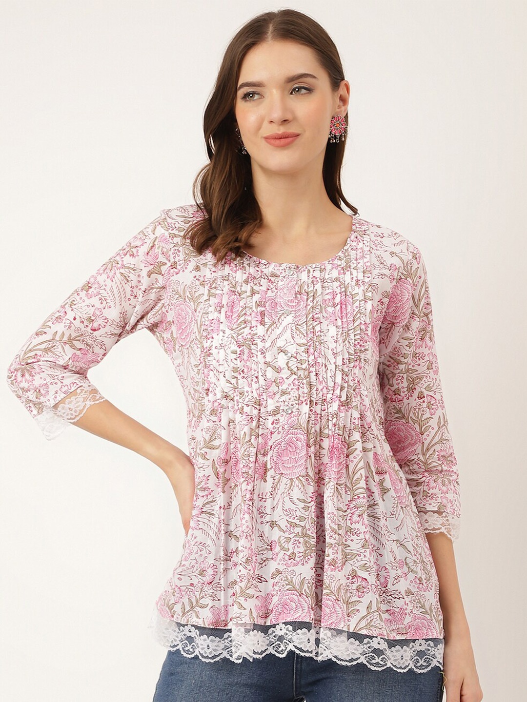 

KALINI Floral Printed Pintuck & Lace Frills Detail Cotton Top, Pink