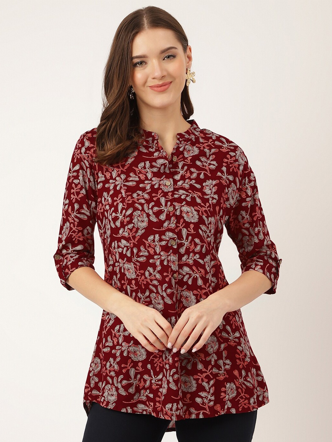 

KALINI Floral Printed Mandarin Collar A-Line Kurti, Maroon