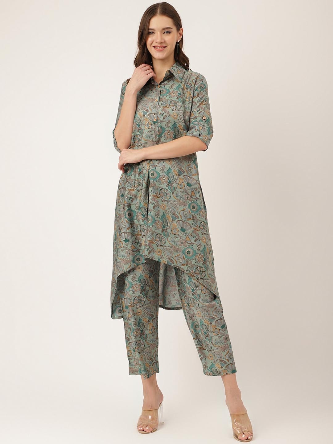 

KALINI Abstract Printed Shirt Collar Roll-Up Sleeves A-Line Kurta With Trousers, Blue