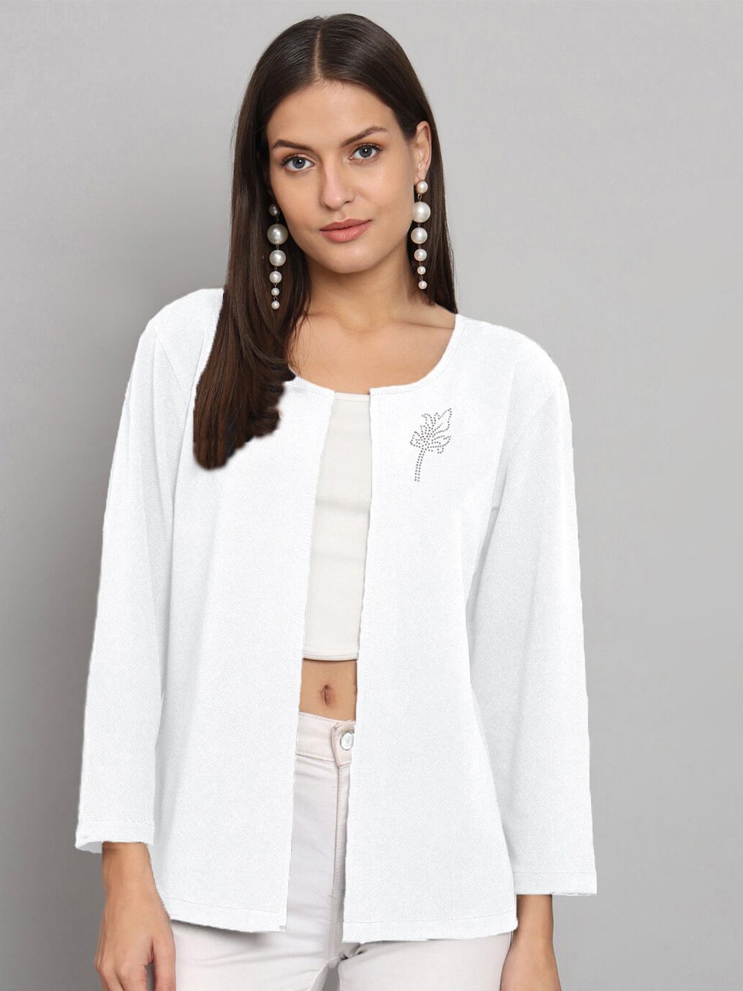 

urSense Embellished Open Front Shrug, White