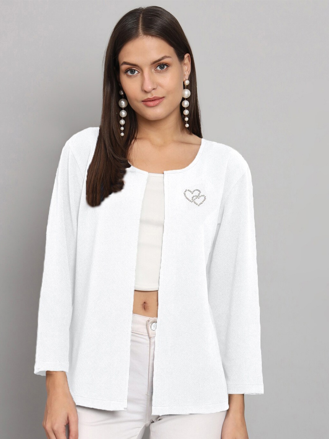 

urSense Embellished Open Front Shrug, White