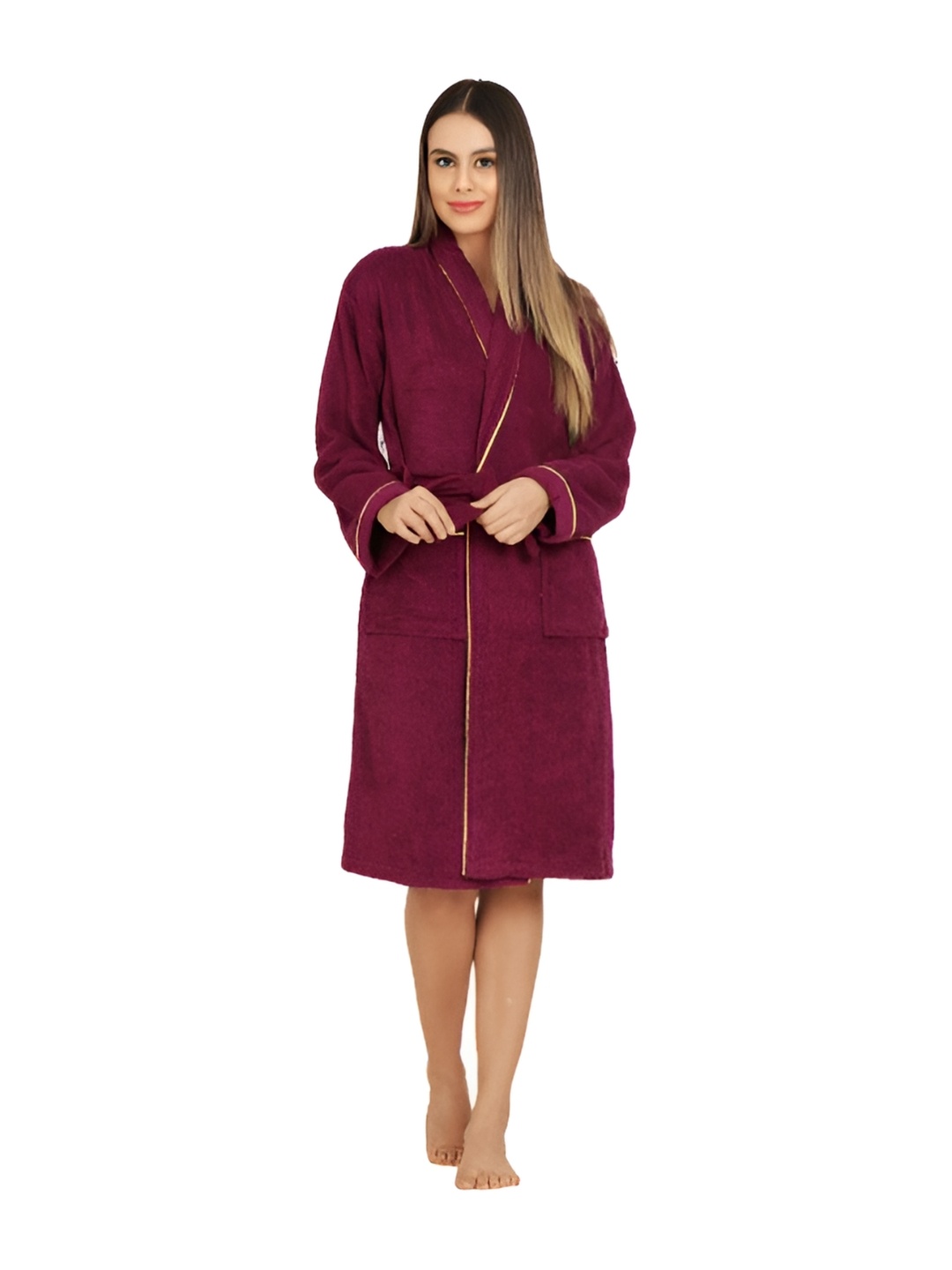 

Kritarth Handicrafts Maroon Cotton Unisex Shawl Collar With Belt Bath Robe