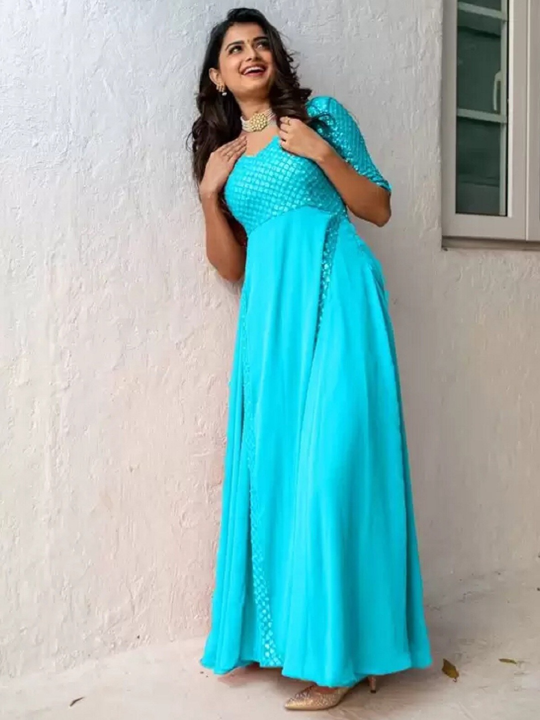 

APNISHA Embellished V-Neck Sequined Georgette Fit & Flare Maxi Ethnic Dresses, Turquoise blue