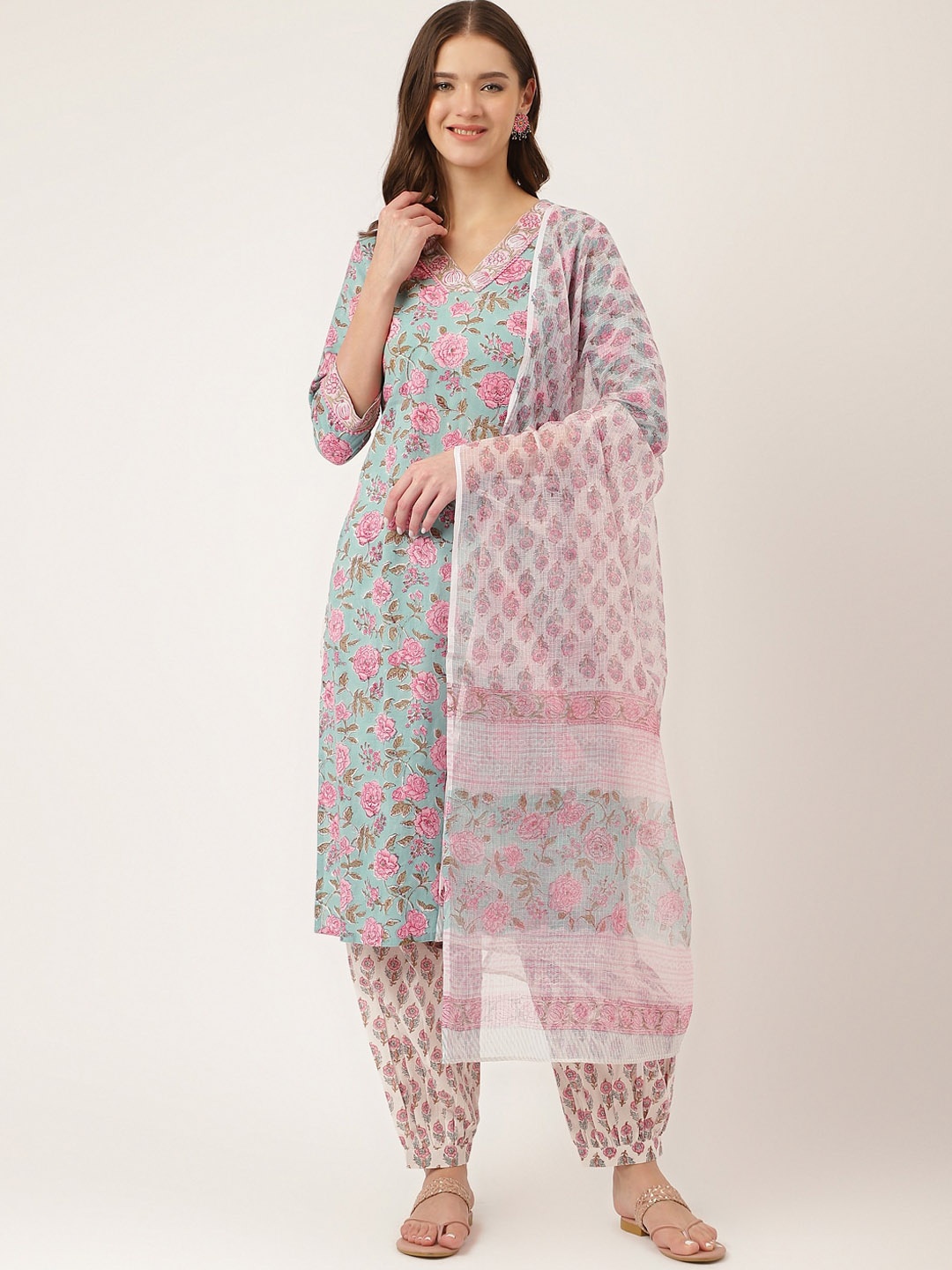 

KALINI Floral Printed Pure Cotton Kurta With Salwar & Dupatta, Green