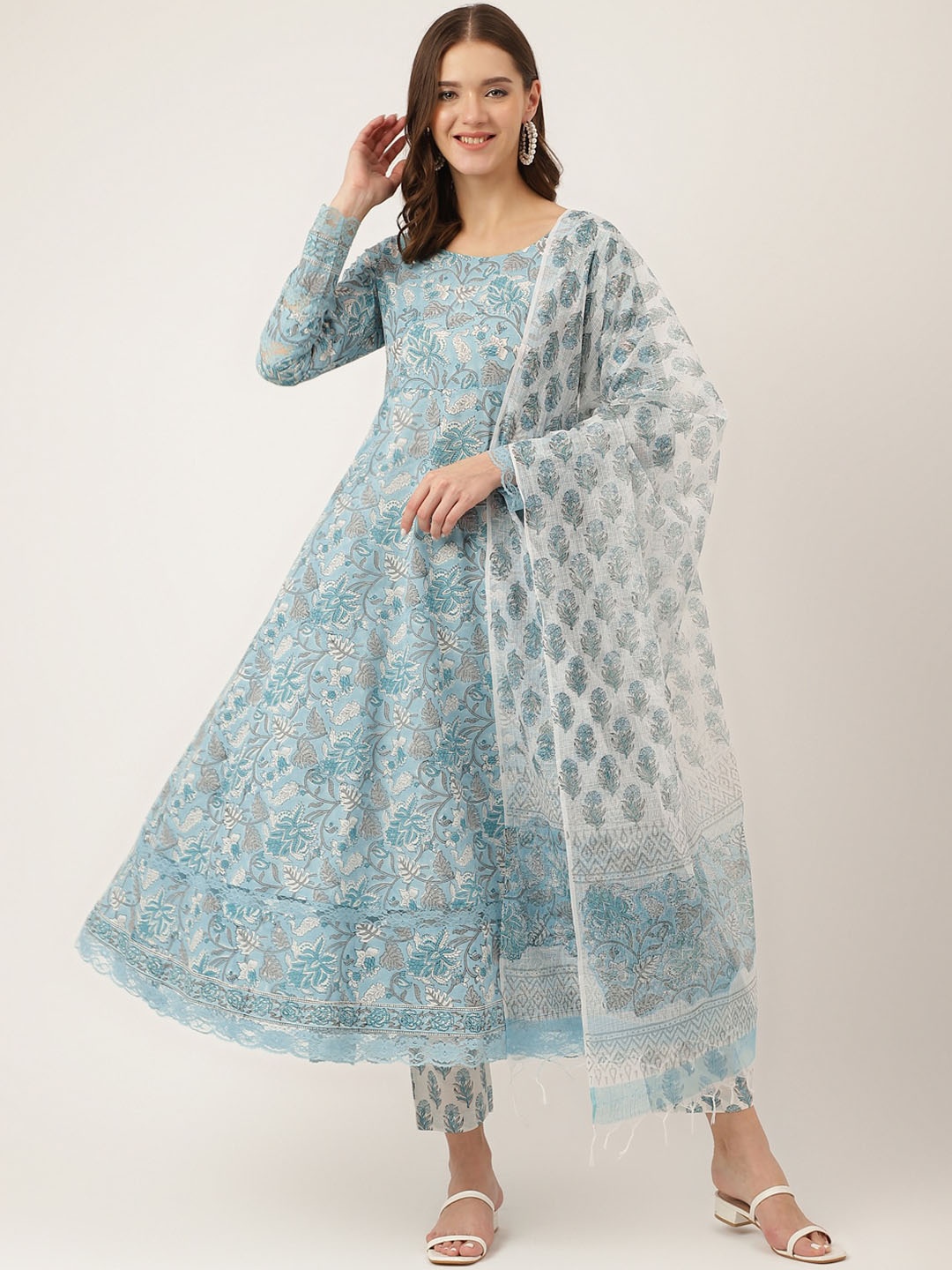 

KALINI Floral Printed Pure Cotton Anarkali Kurta With Trousers & Dupatta, Blue