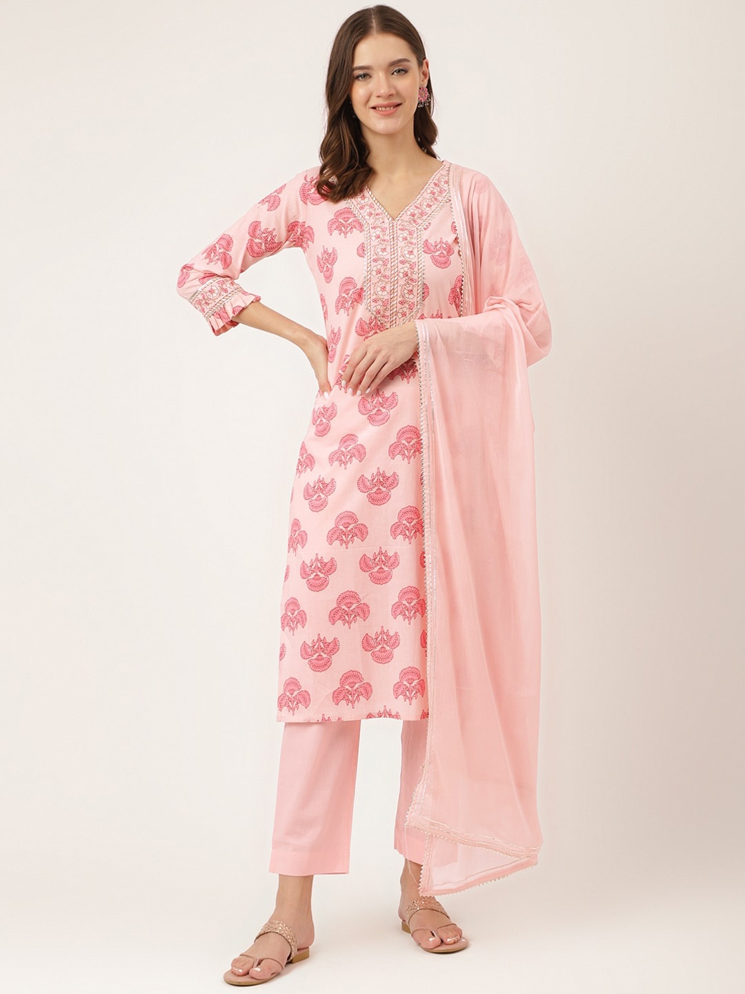 

KALINI Floral Printed Gotta Patti Pure Cotton Kurta With Trousers & Dupatta, Pink