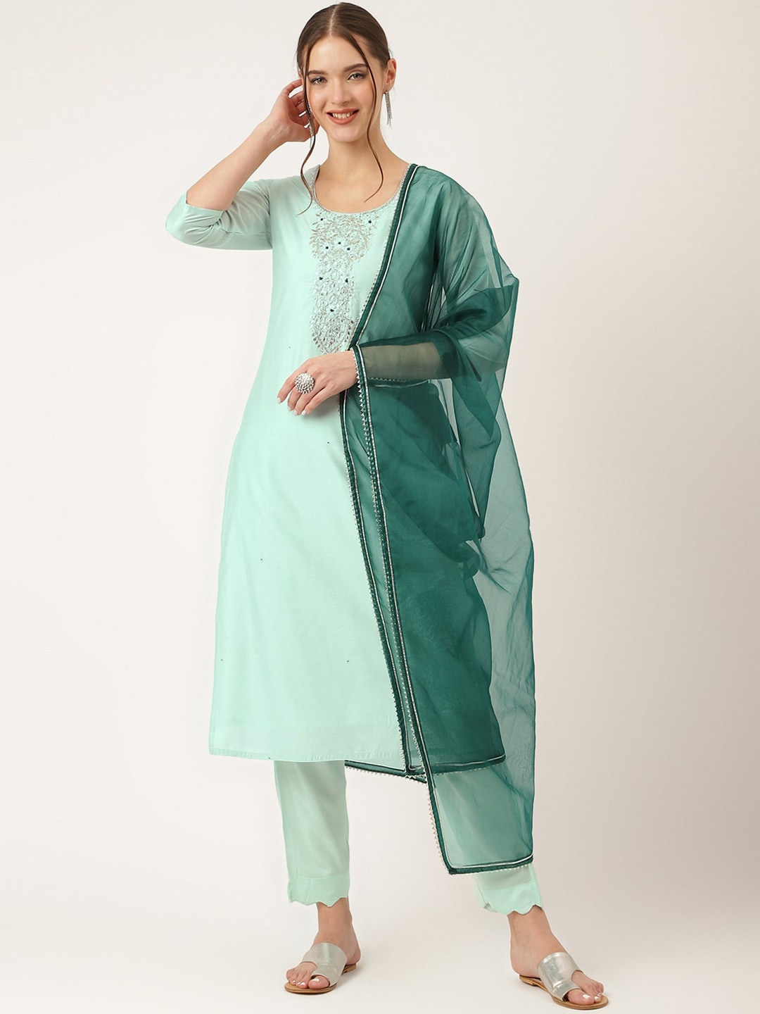 

KALINI Floral Yoke Design Beads and Stones Chanderi Silk Kurta With Trousers & Dupatta, Sea green