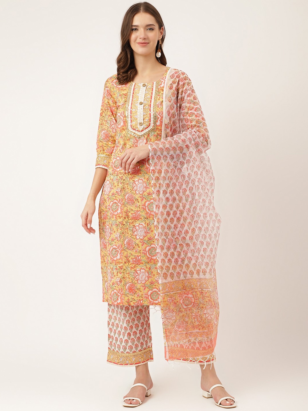 

KALINI Floral Printed Pure Cotton Straight Kurta & Trousers With Dupatta, Yellow