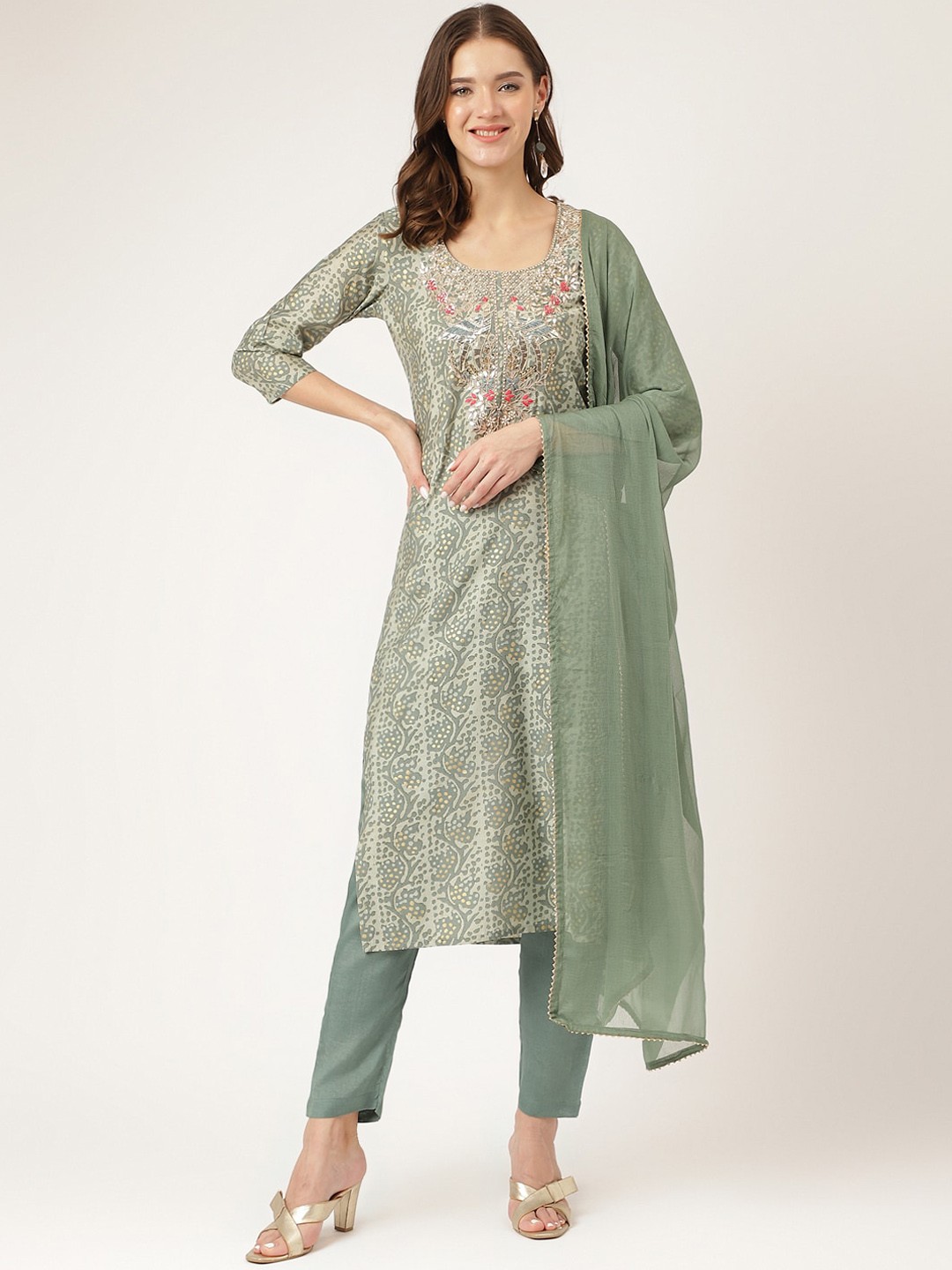 

KALINI Floral Printed Beads & Stones Chanderi Silk Straight Kurta & Trouser With Dupatta, Green